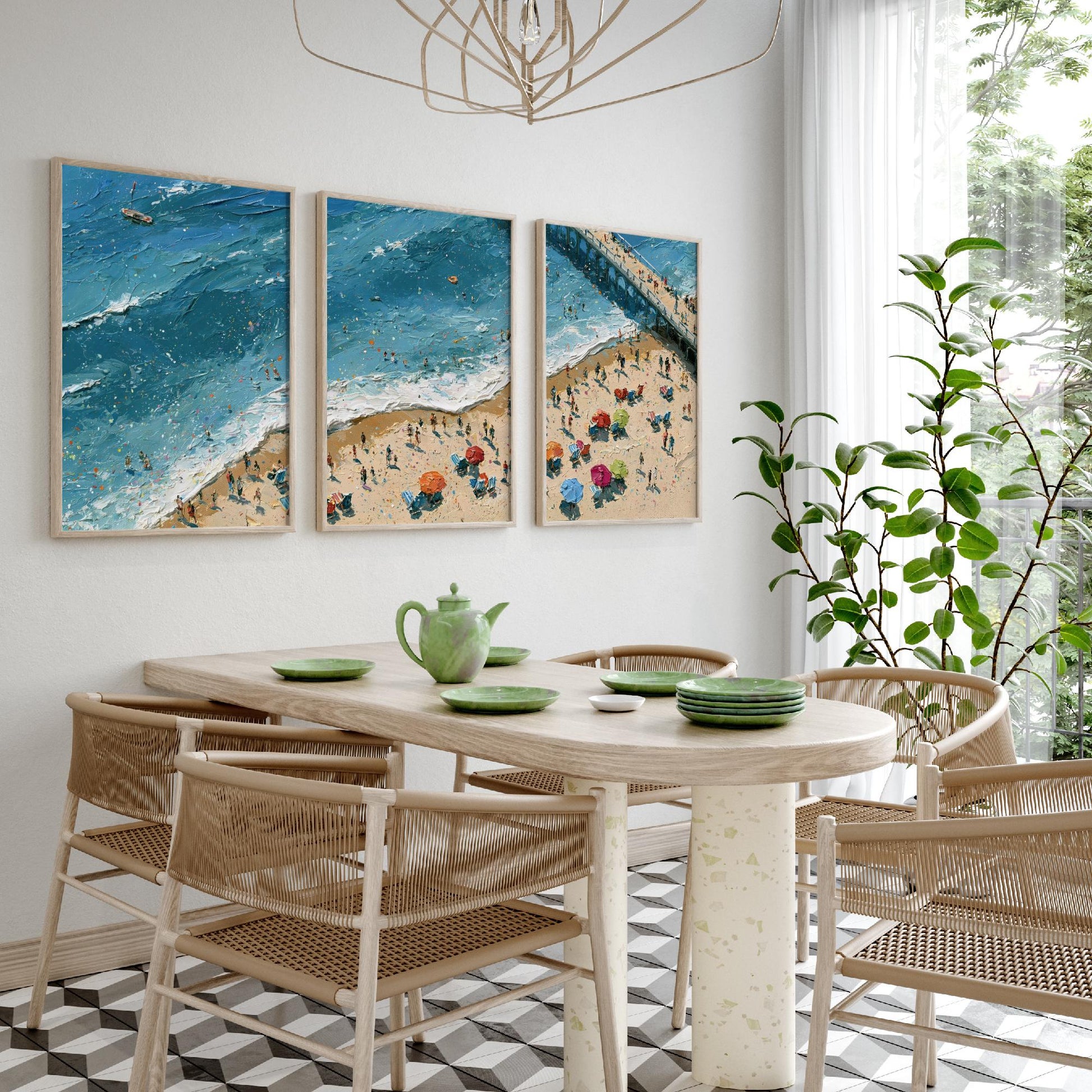 Set of Three Brighton Beach Prints - Aerial Coastal Oil Painting Posters - Colourful Seaside Wall Art - England