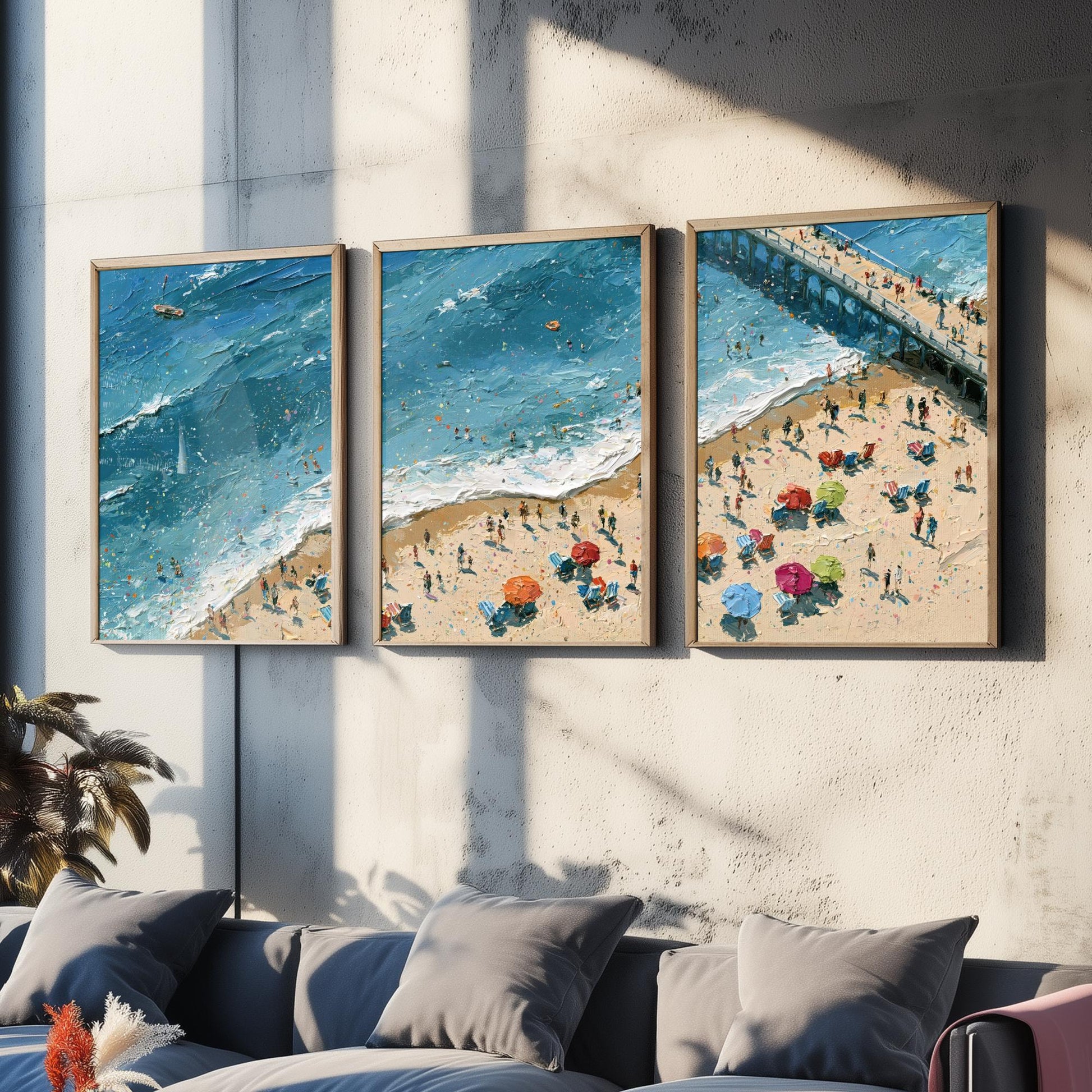 Set of Three Brighton Beach Prints - Aerial Coastal Oil Painting Posters - Colourful Seaside Wall Art - England