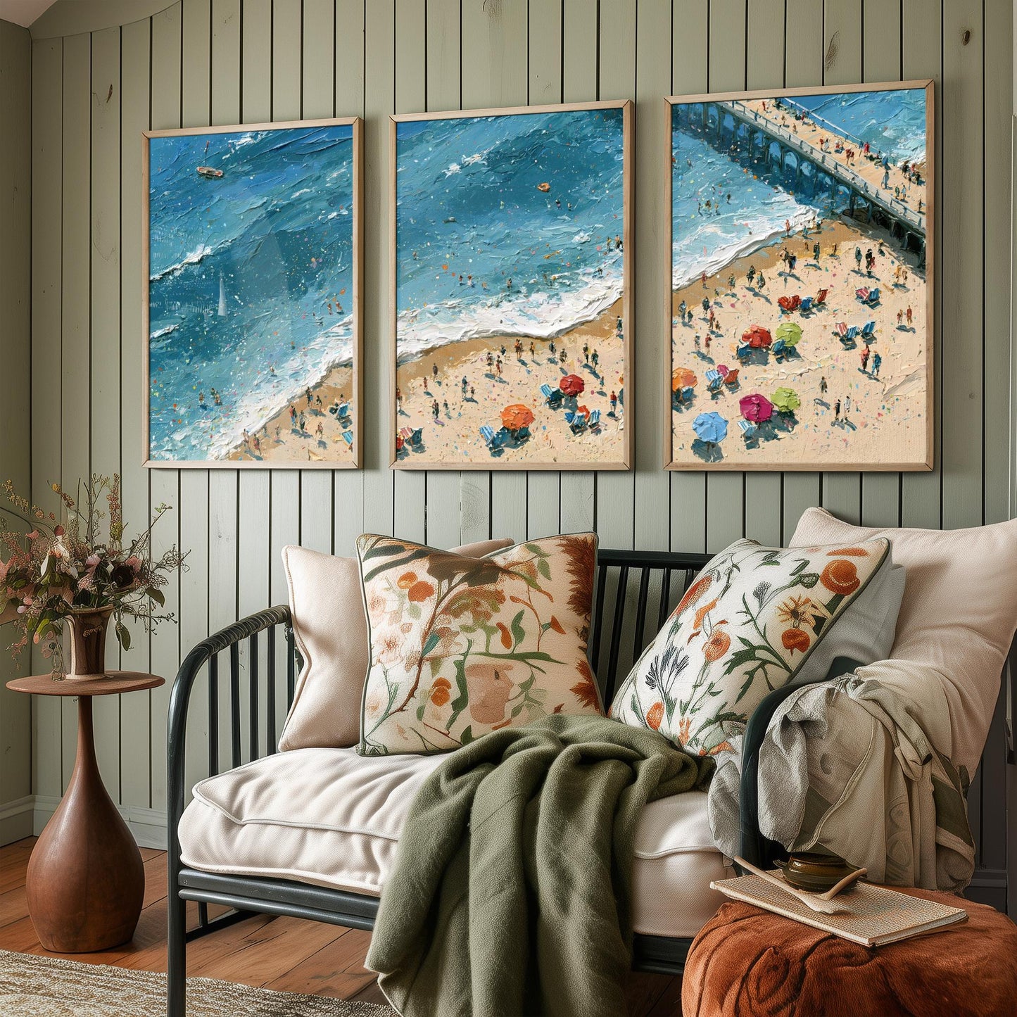 Set of Three Brighton Beach Prints - Aerial Coastal Oil Painting Posters - Colourful Seaside Wall Art - England