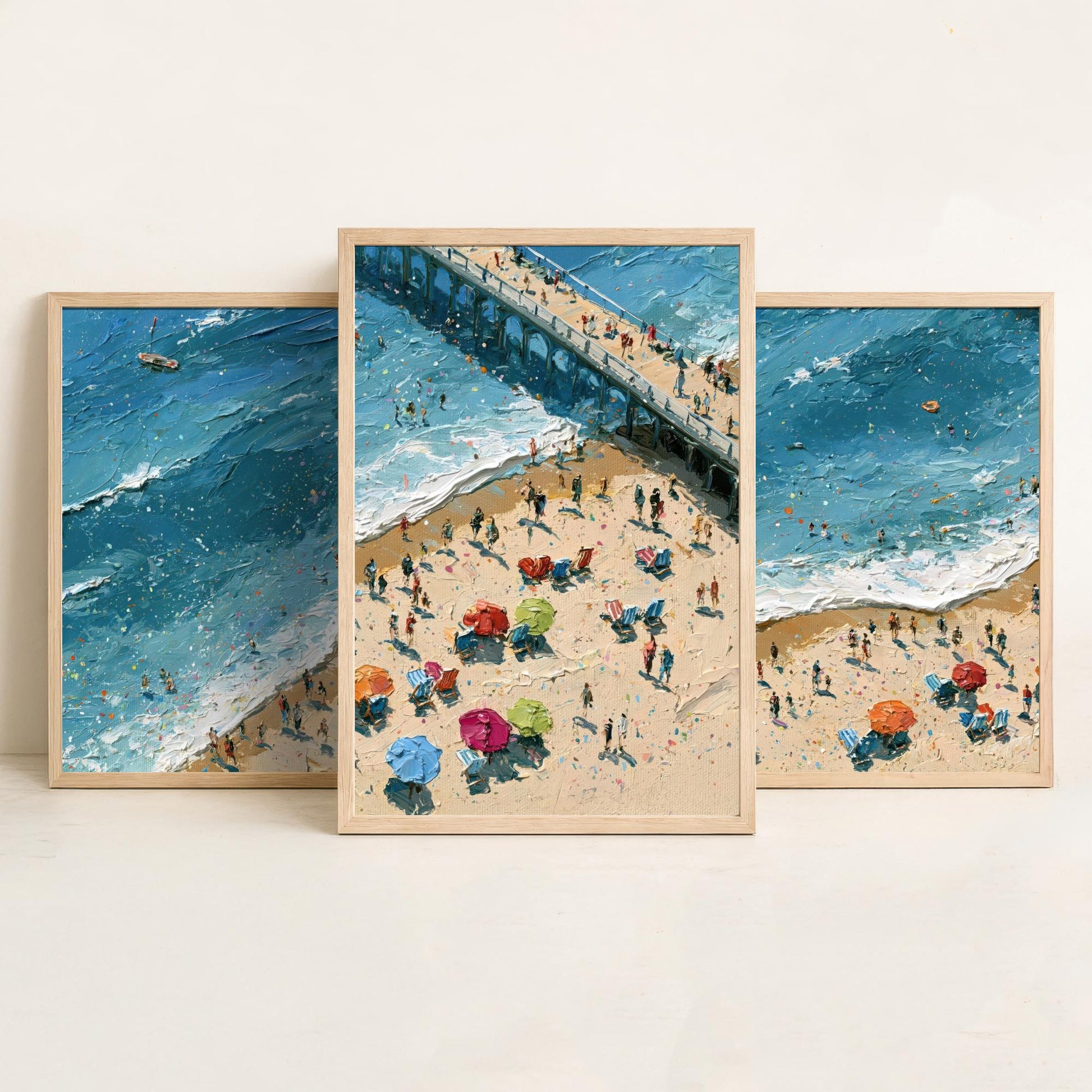 Set of Three Brighton Beach Prints - Aerial Coastal Oil Painting Posters - Colourful Seaside Wall Art - England