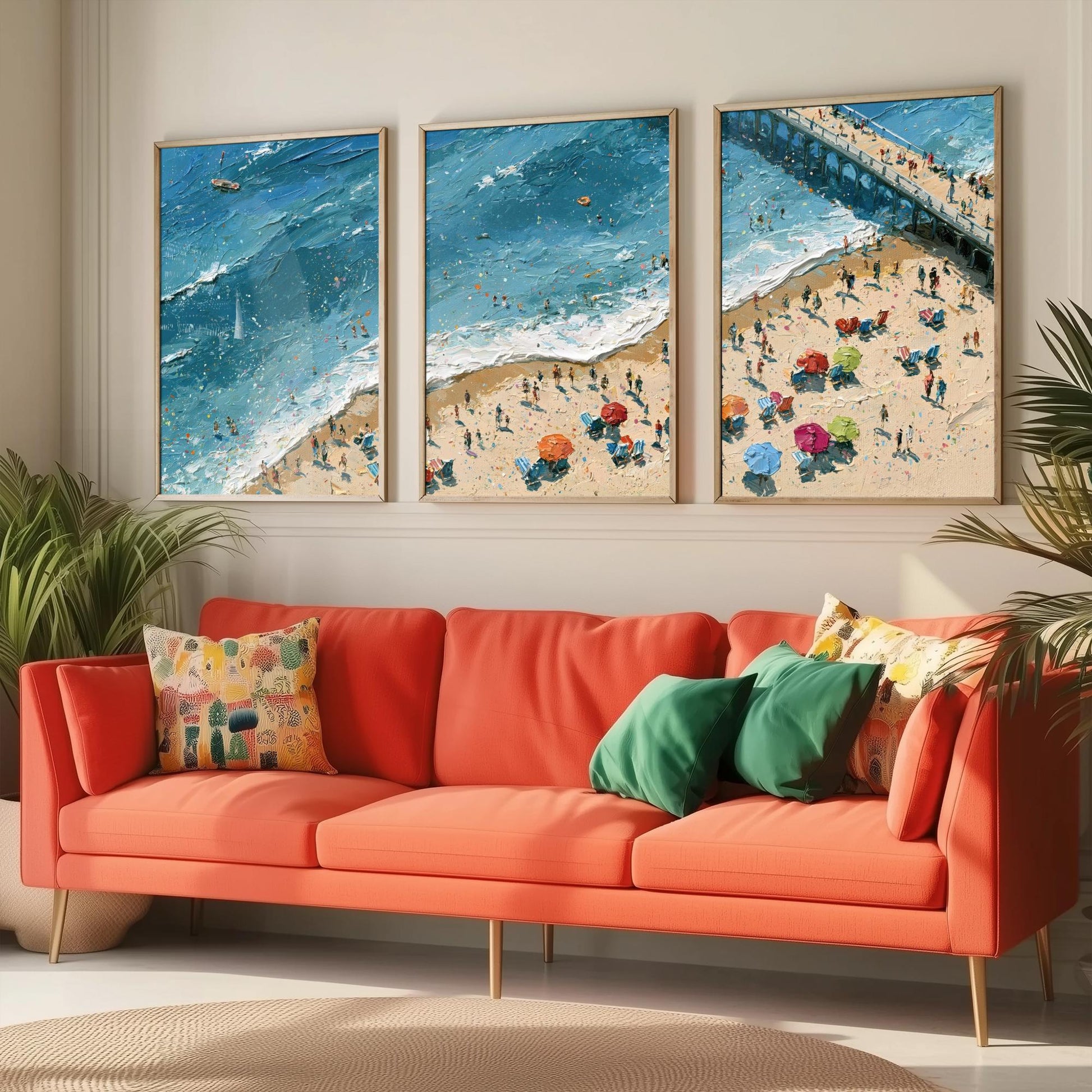 Set of Three Brighton Beach Prints - Aerial Coastal Oil Painting Posters - Colourful Seaside Wall Art - England