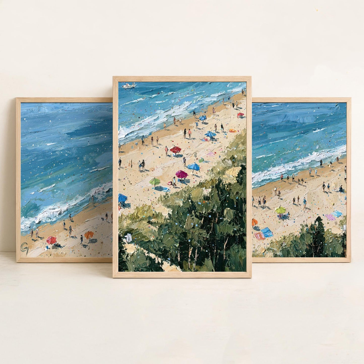 Set of Three Cromer Beach Prints - Aerial Coastal Oil Painting Posters - Colourful Seaside Wall Art - England