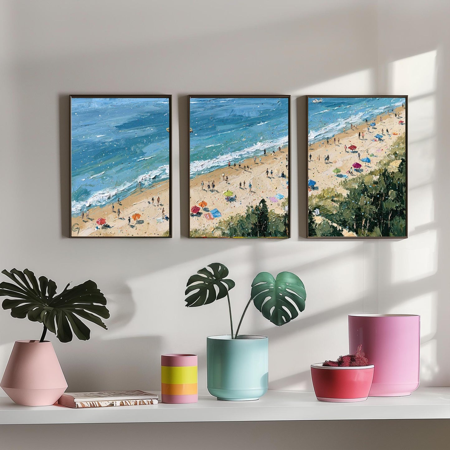 Set of Three Cromer Beach Prints - Aerial Coastal Oil Painting Posters - Colourful Seaside Wall Art - England