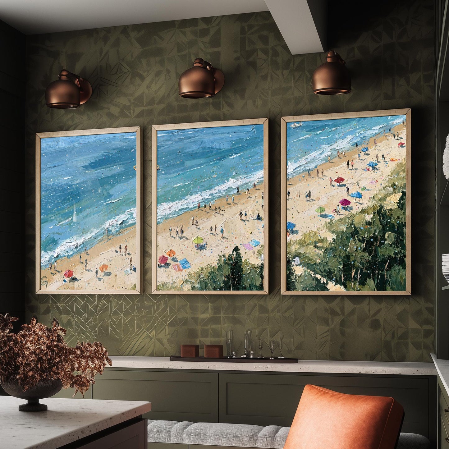 Set of Three Cromer Beach Prints - Aerial Coastal Oil Painting Posters - Colourful Seaside Wall Art - England