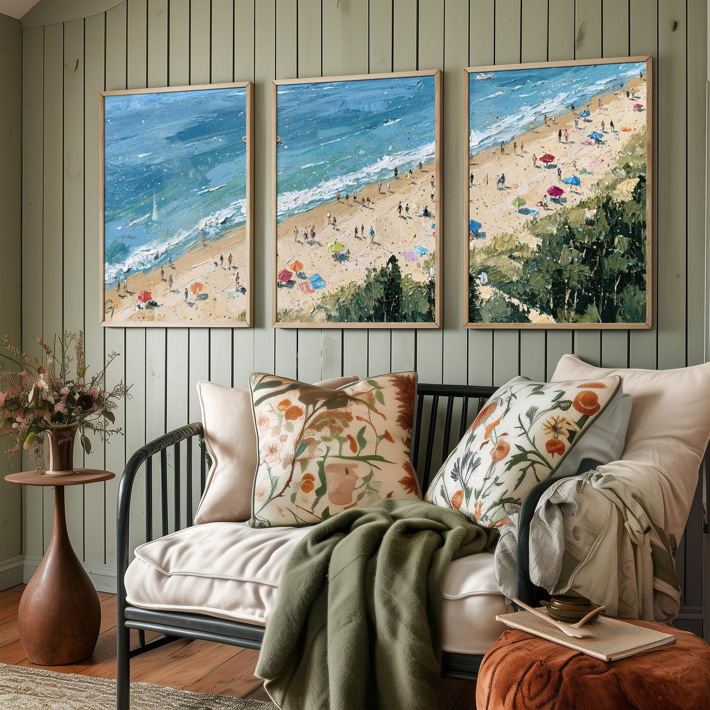 Set of Three Cromer Beach Prints - Aerial Coastal Oil Painting Posters - Colourful Seaside Wall Art - England