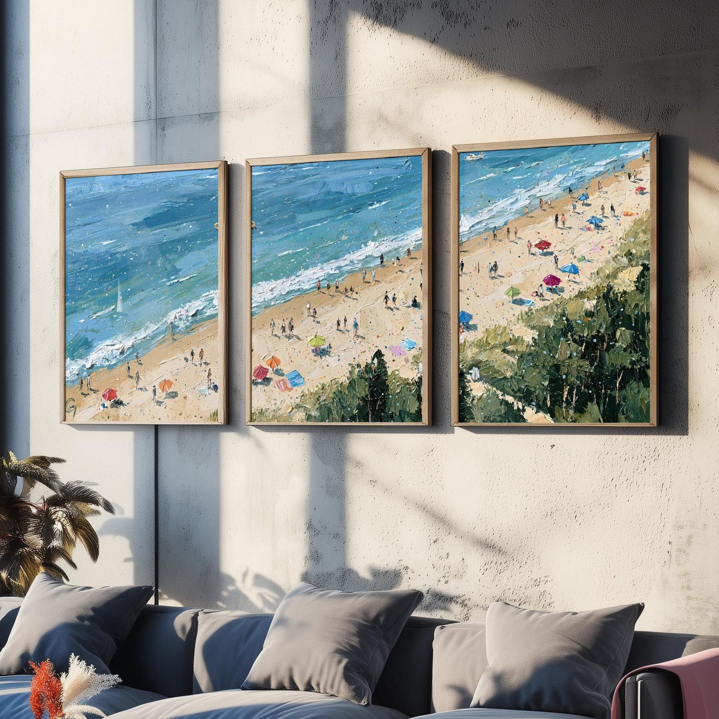 Set of Three Cromer Beach Prints - Aerial Coastal Oil Painting Posters - Colourful Seaside Wall Art - England