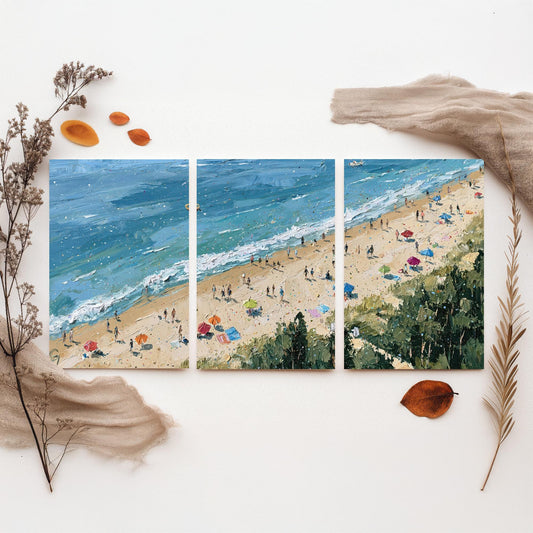 Set of Three Cromer Beach Prints - Aerial Coastal Oil Painting Posters - Colourful Seaside Wall Art - England
