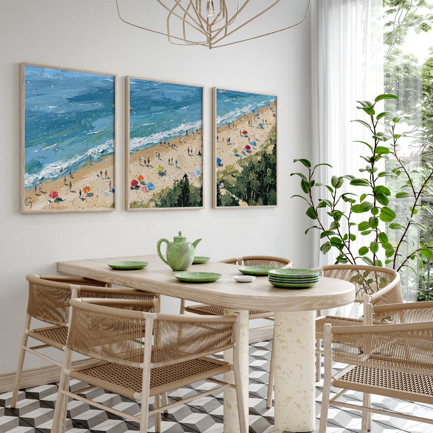 Set of Three Cromer Beach Prints - Aerial Coastal Oil Painting Posters - Colourful Seaside Wall Art - England