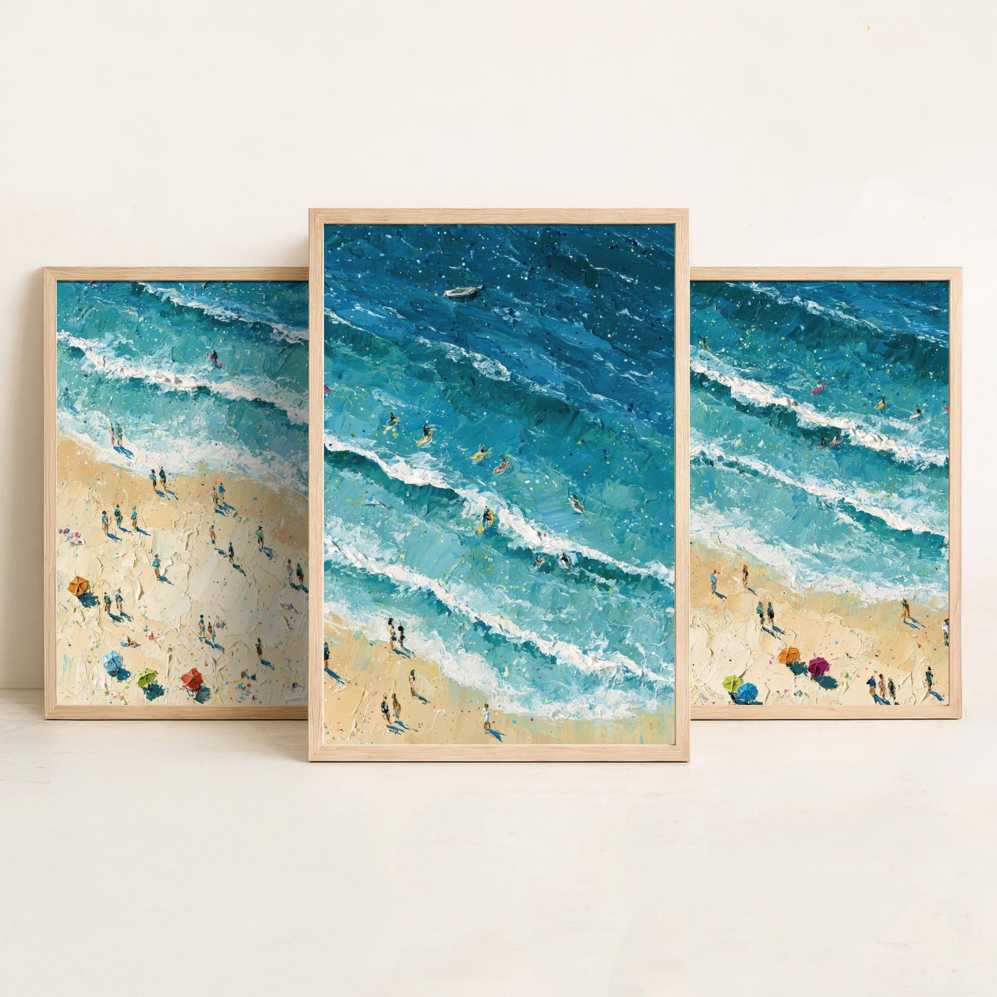 Set of Three Fistral Beach Newquay Prints - Aerial Coastal Oil Painting Posters - Colourful Seaside Wall Art - England