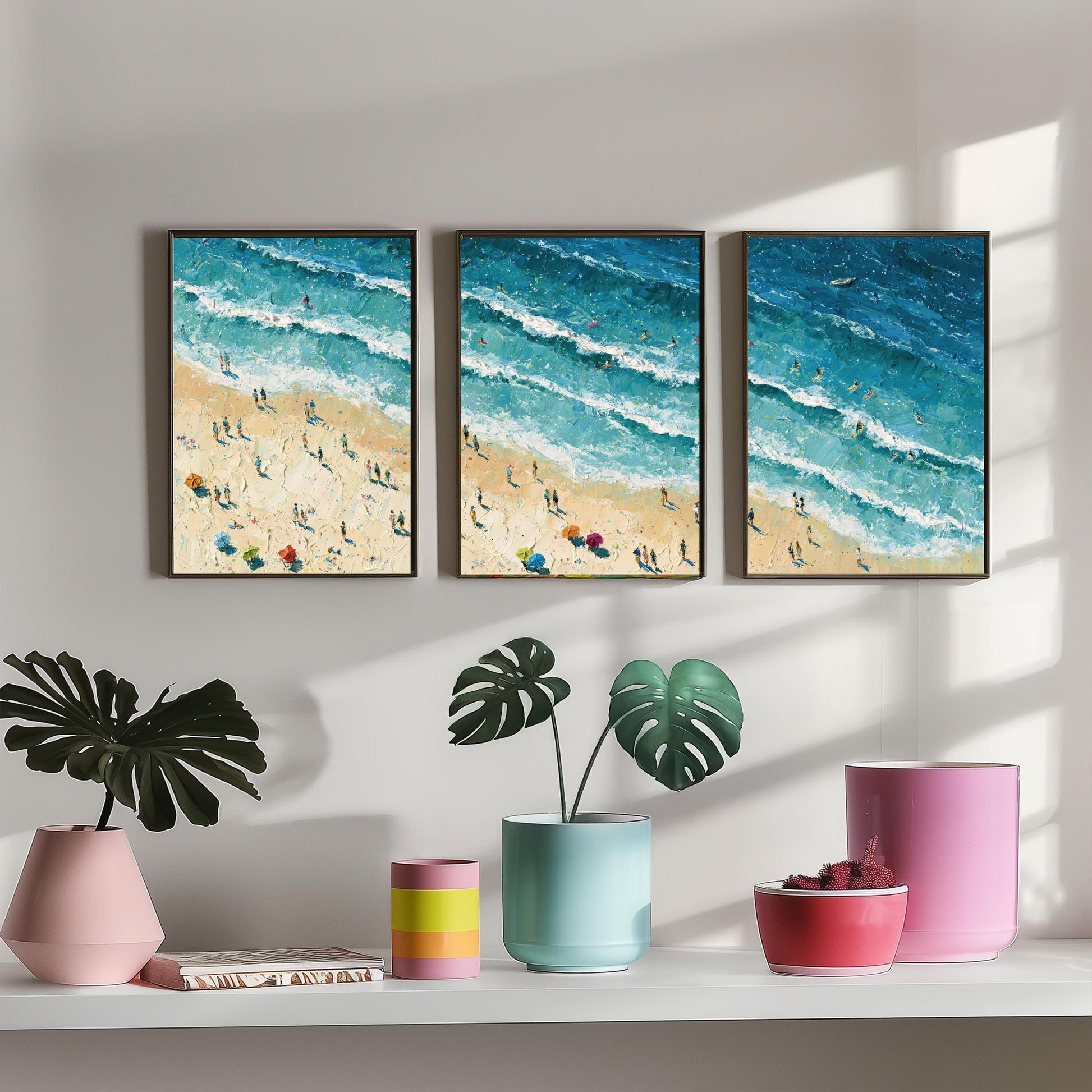 Set of Three Fistral Beach Newquay Prints - Aerial Coastal Oil Painting Posters - Colourful Seaside Wall Art - England