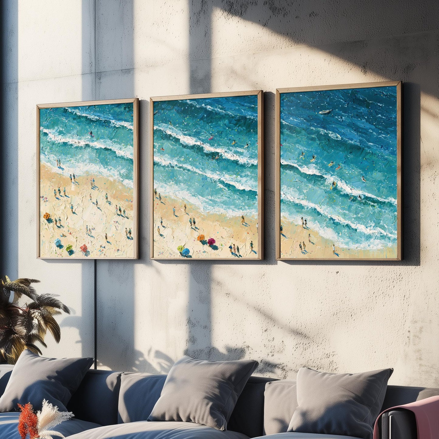 Set of Three Fistral Beach Newquay Prints - Aerial Coastal Oil Painting Posters - Colourful Seaside Wall Art - England