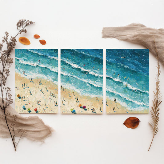 Set of Three Fistral Beach Newquay Prints - Aerial Coastal Oil Painting Posters - Colourful Seaside Wall Art - England