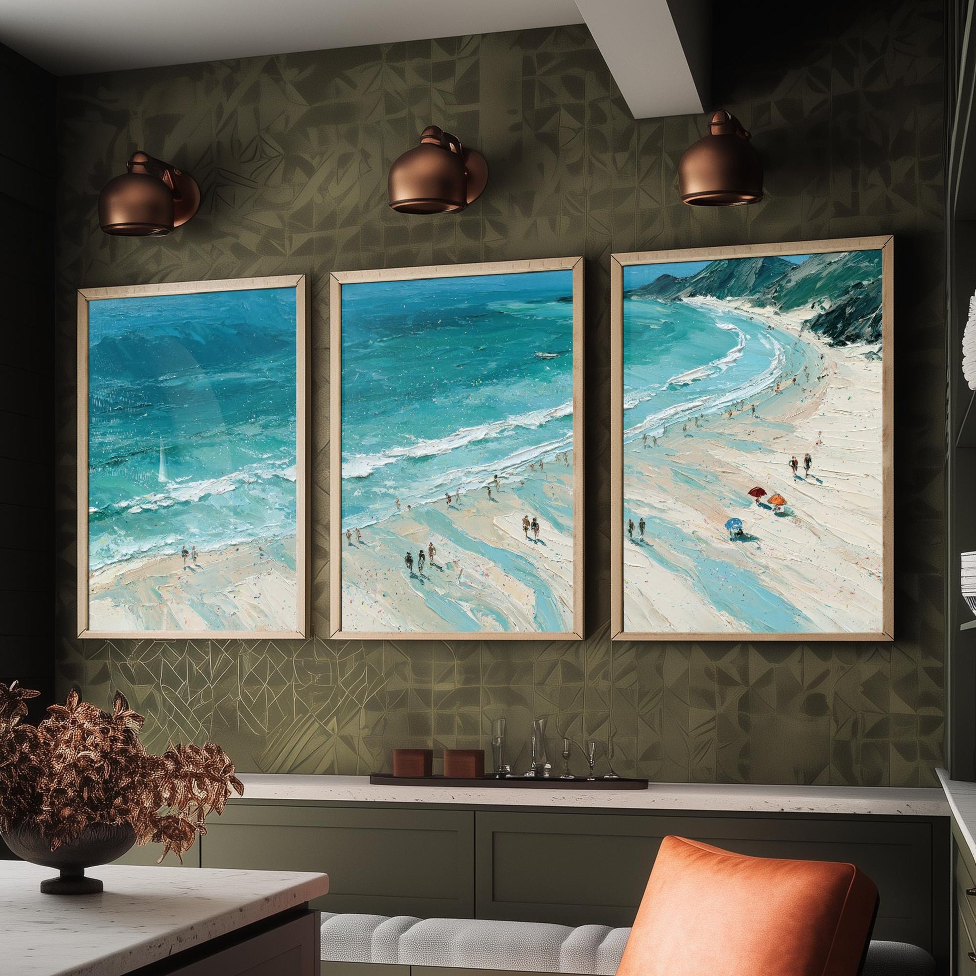 Set of Three Llandudno Beach Prints - Aerial Coastal Oil Painting Posters - Colourful Seaside Wall Art - Wales