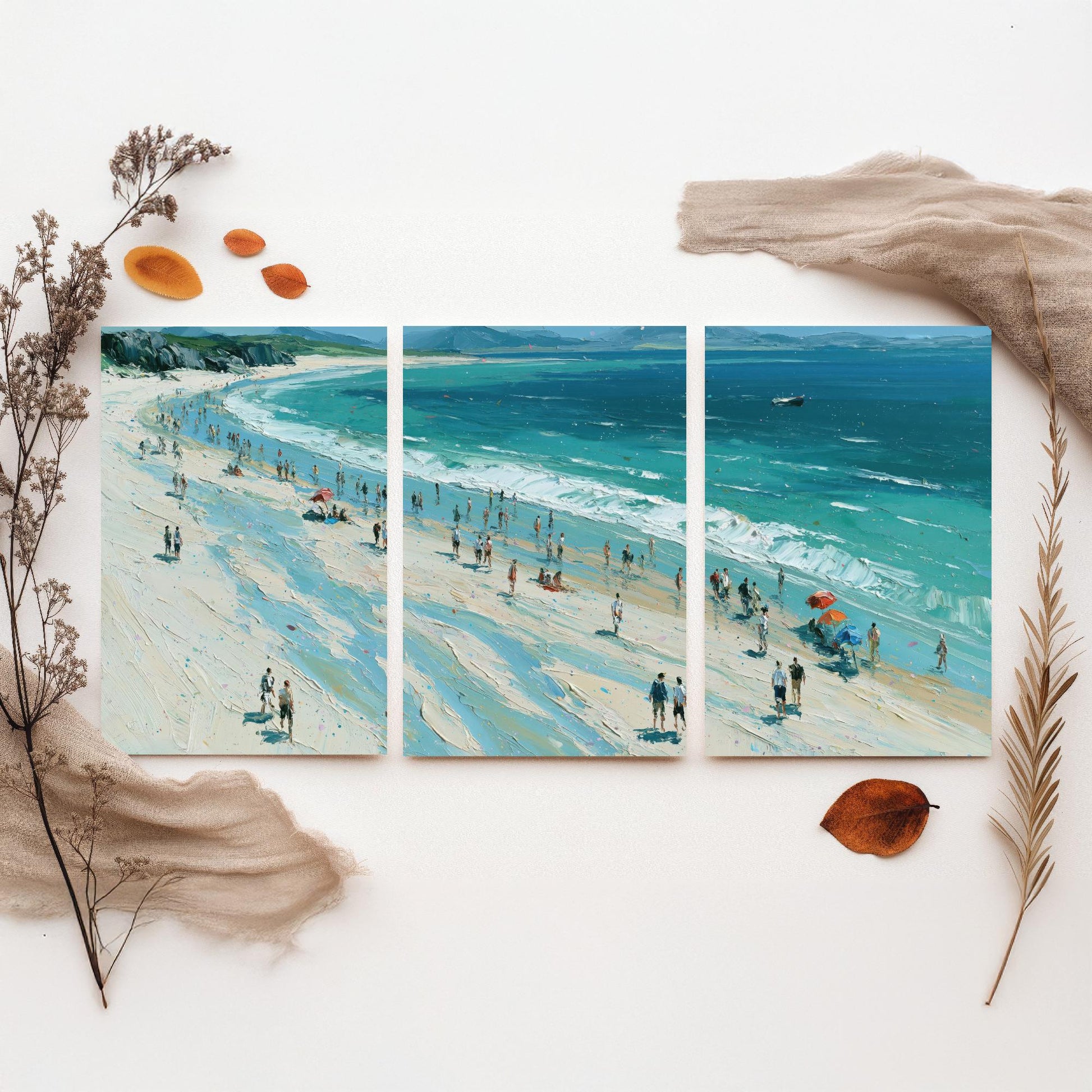 Set of Three Nairn Beach Prints - Aerial Coastal Oil Painting Posters - Colourful Seaside Wall Art - Scotland