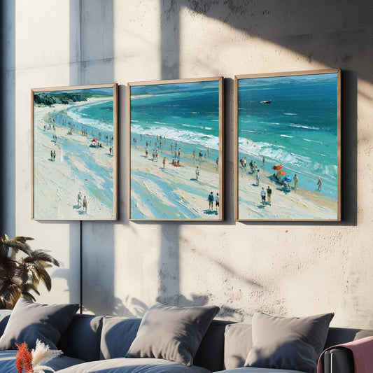 Set of Three Nairn Beach Prints - Aerial Coastal Oil Painting Posters - Colourful Seaside Wall Art - Scotland