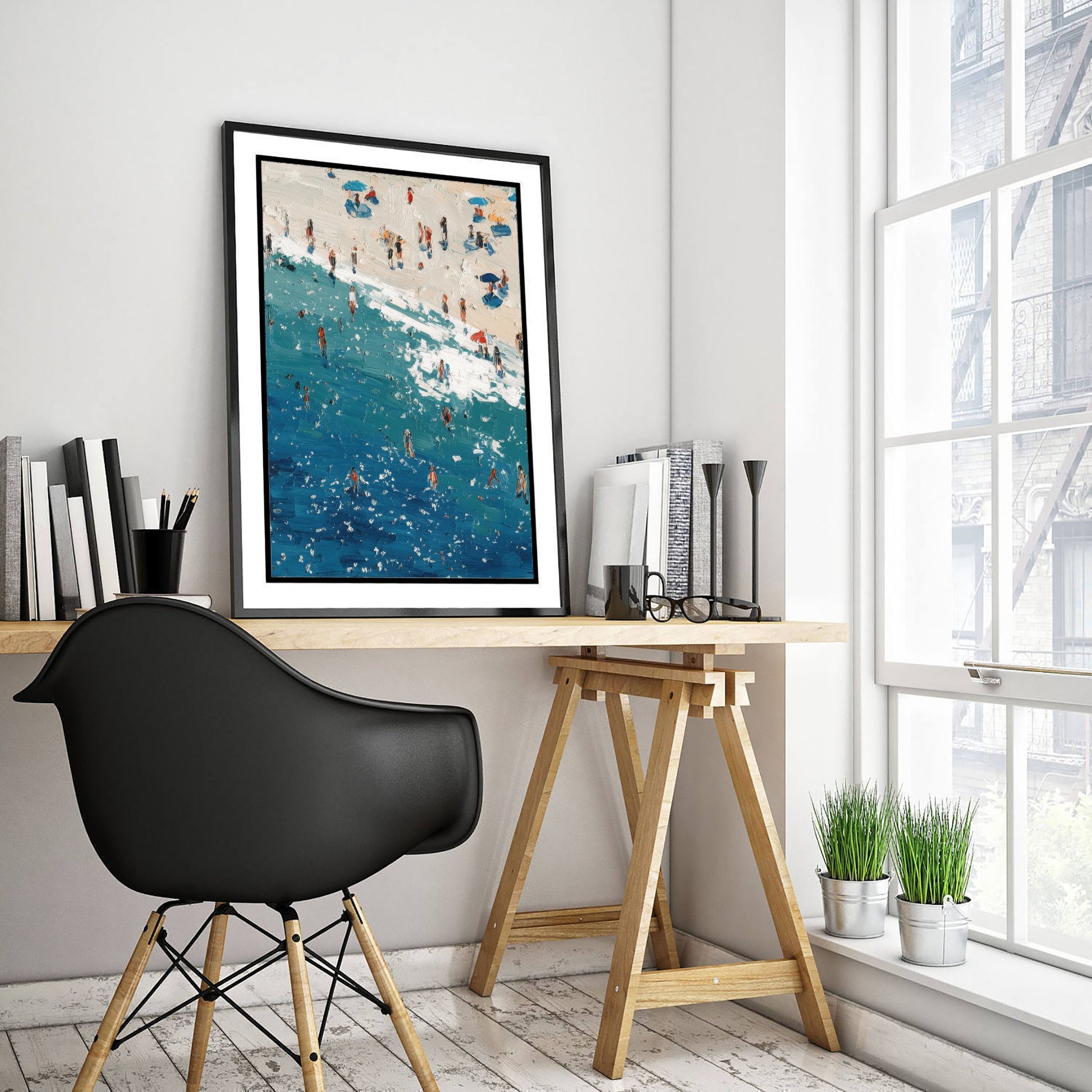 Perranporth Beach Travel Poster - Aerial Beach Art Print - Impasto Beach Painting - Cornwall Panel 1/3