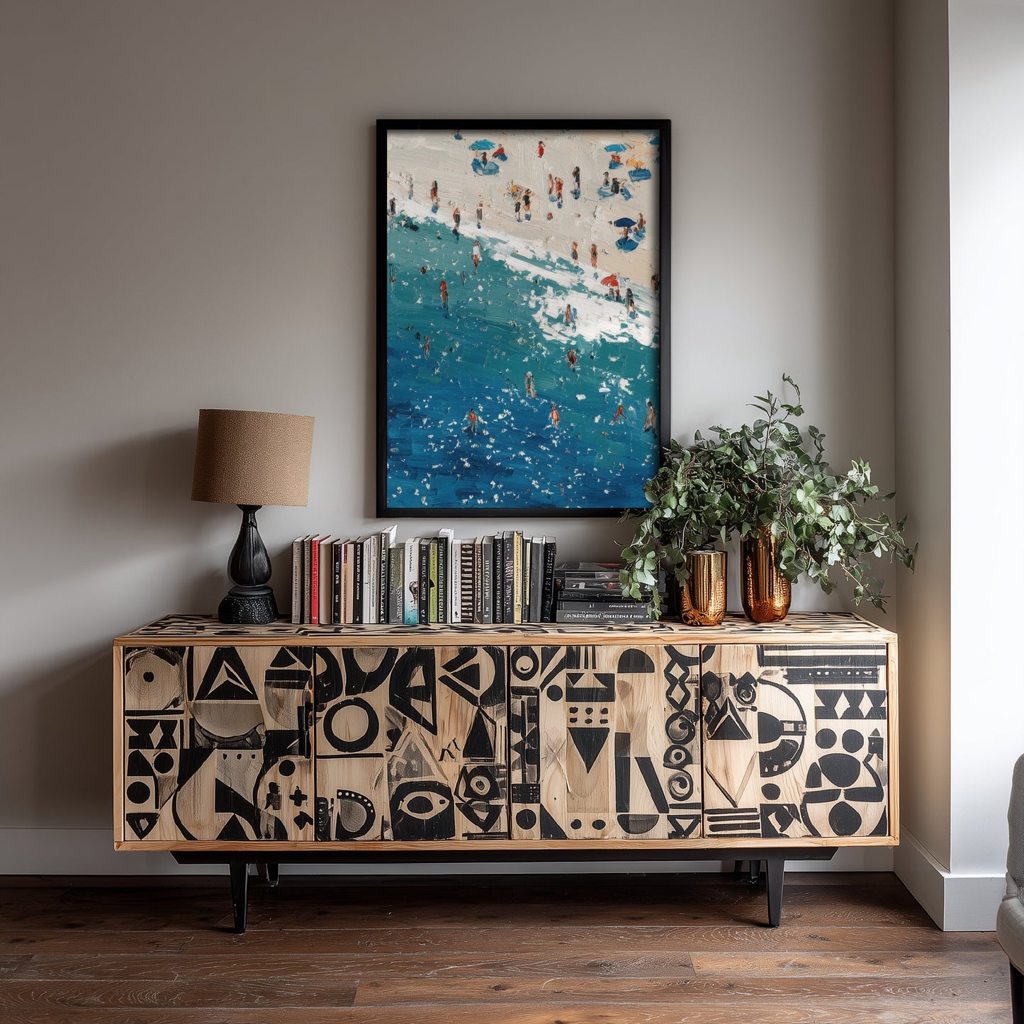 Perranporth Beach Travel Poster - Aerial Beach Art Print - Impasto Beach Painting - Cornwall Panel 1/3