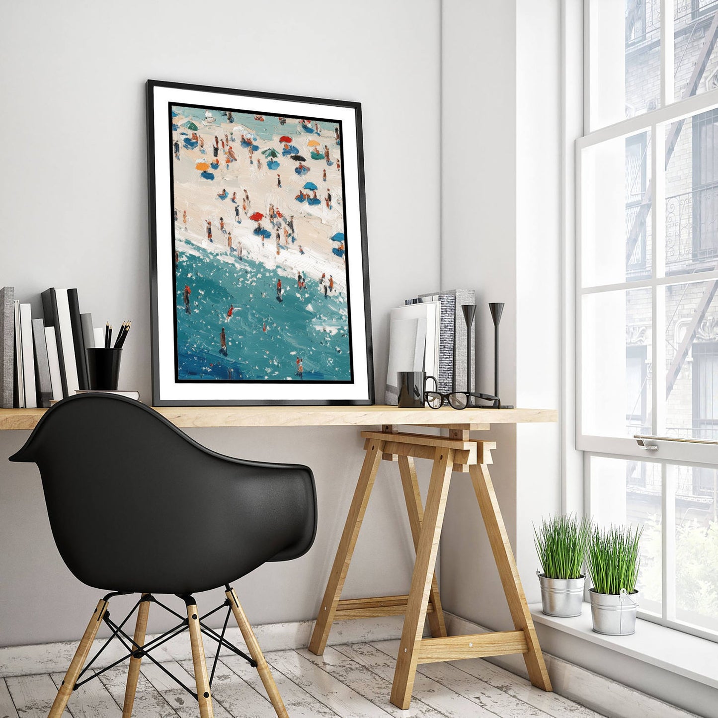Perranporth Beach Travel Poster - Aerial Beach Art Print - Impasto Beach Painting - Cornwall Panel 2/3