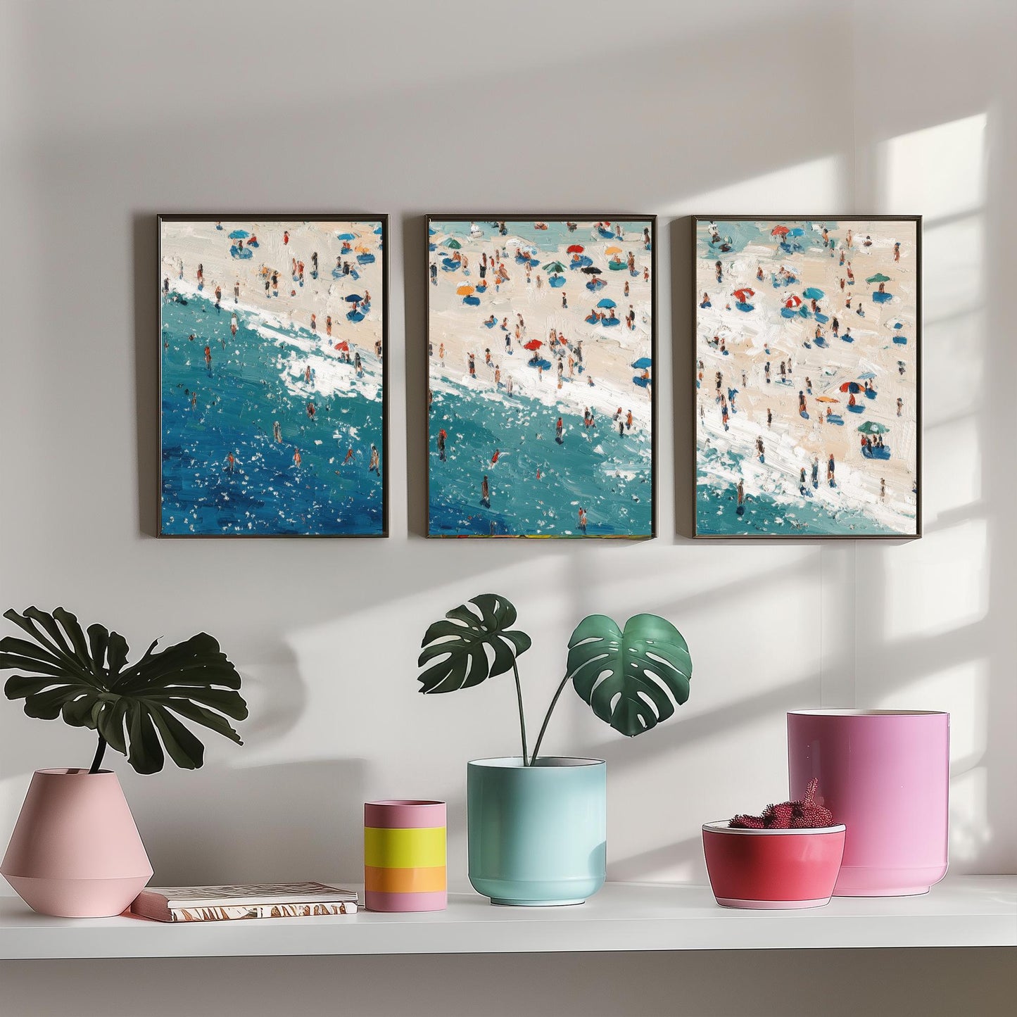 Perranporth Beach Set of Three Prints - Aerial Cornwall Coast Posters - Palette Knife Oil Painting - Cornish Surf Wall Art