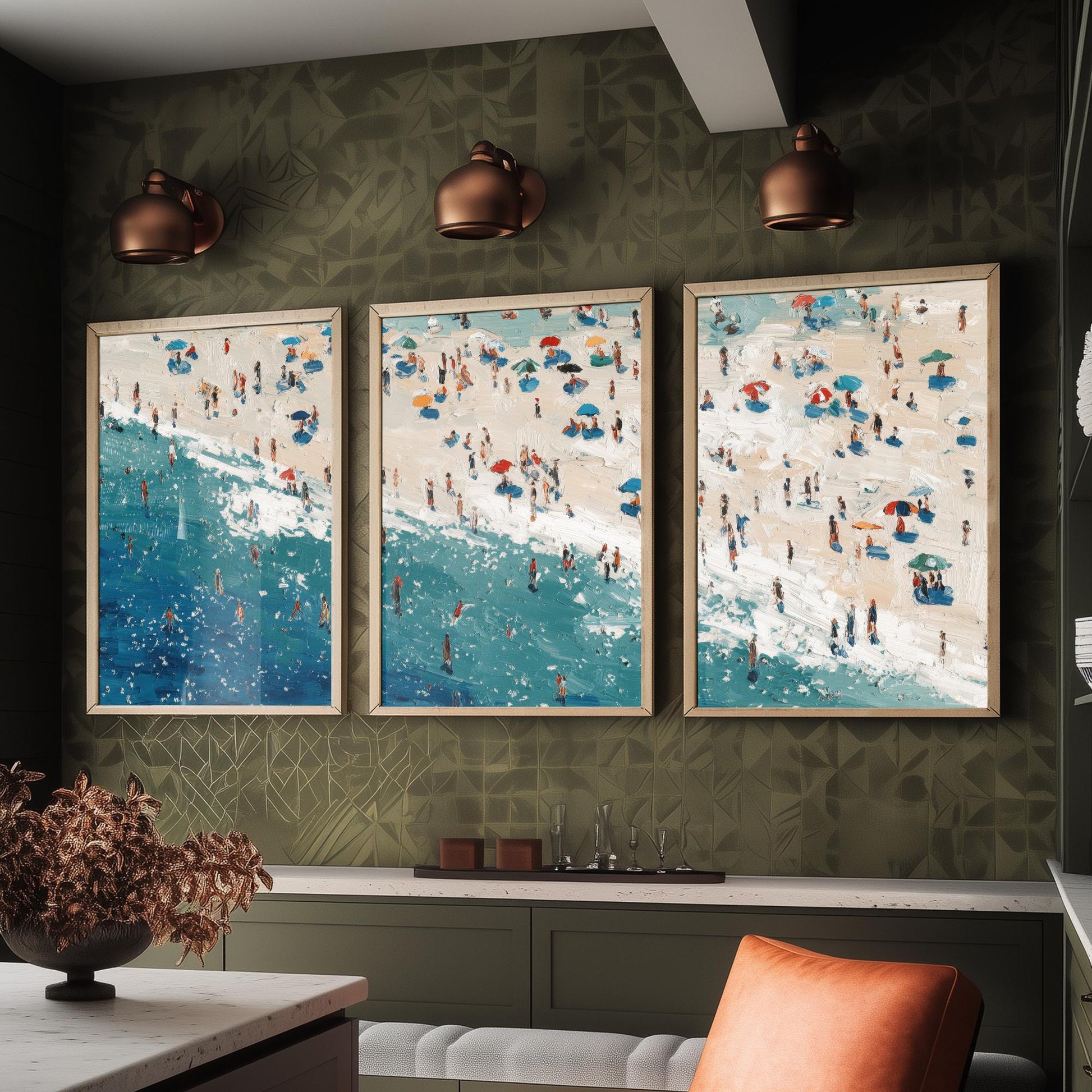 Perranporth Beach Set of Three Prints - Aerial Cornwall Coast Posters - Palette Knife Oil Painting - Cornish Surf Wall Art