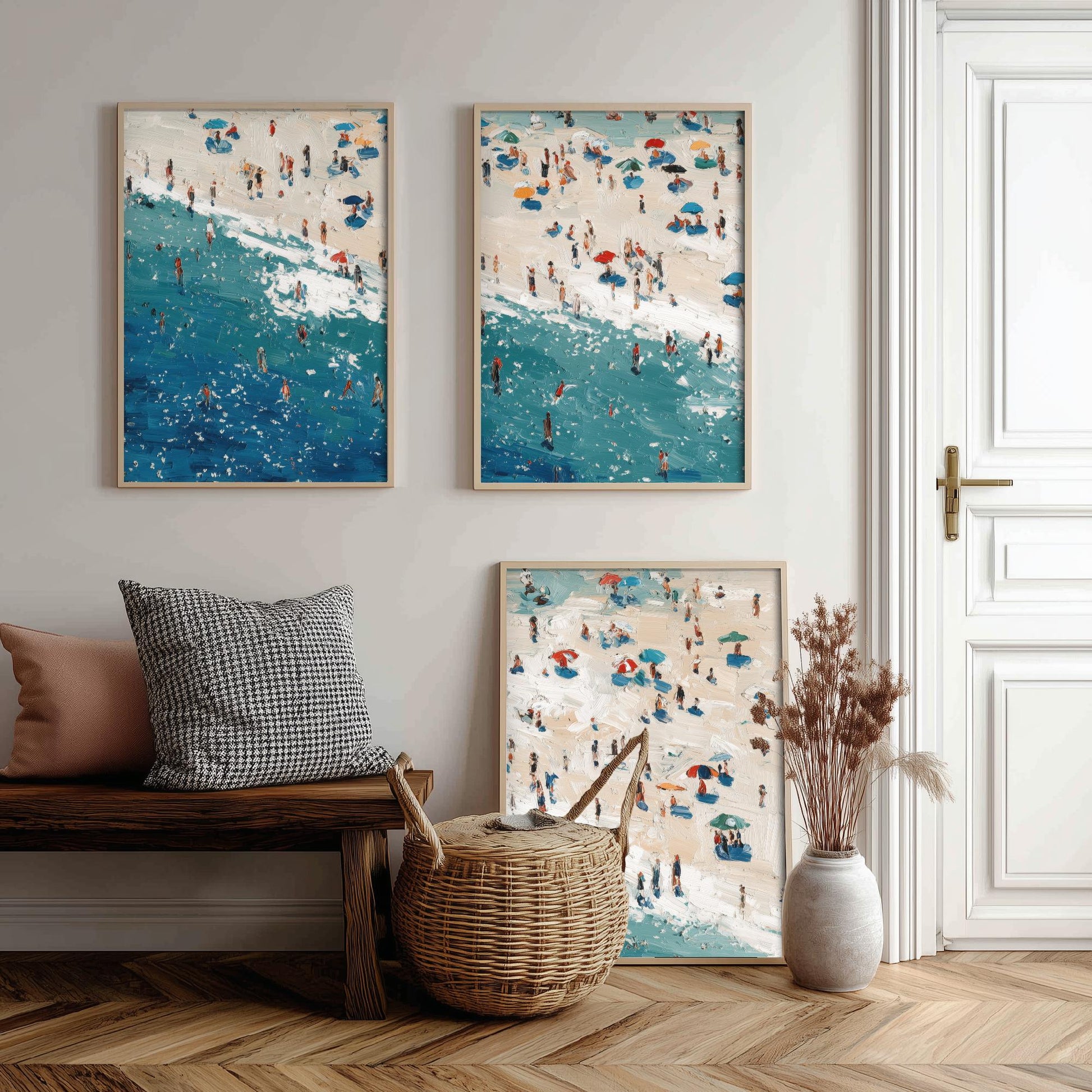 Perranporth Beach Set of Three Prints - Aerial Cornwall Coast Posters - Palette Knife Oil Painting - Cornish Surf Wall Art