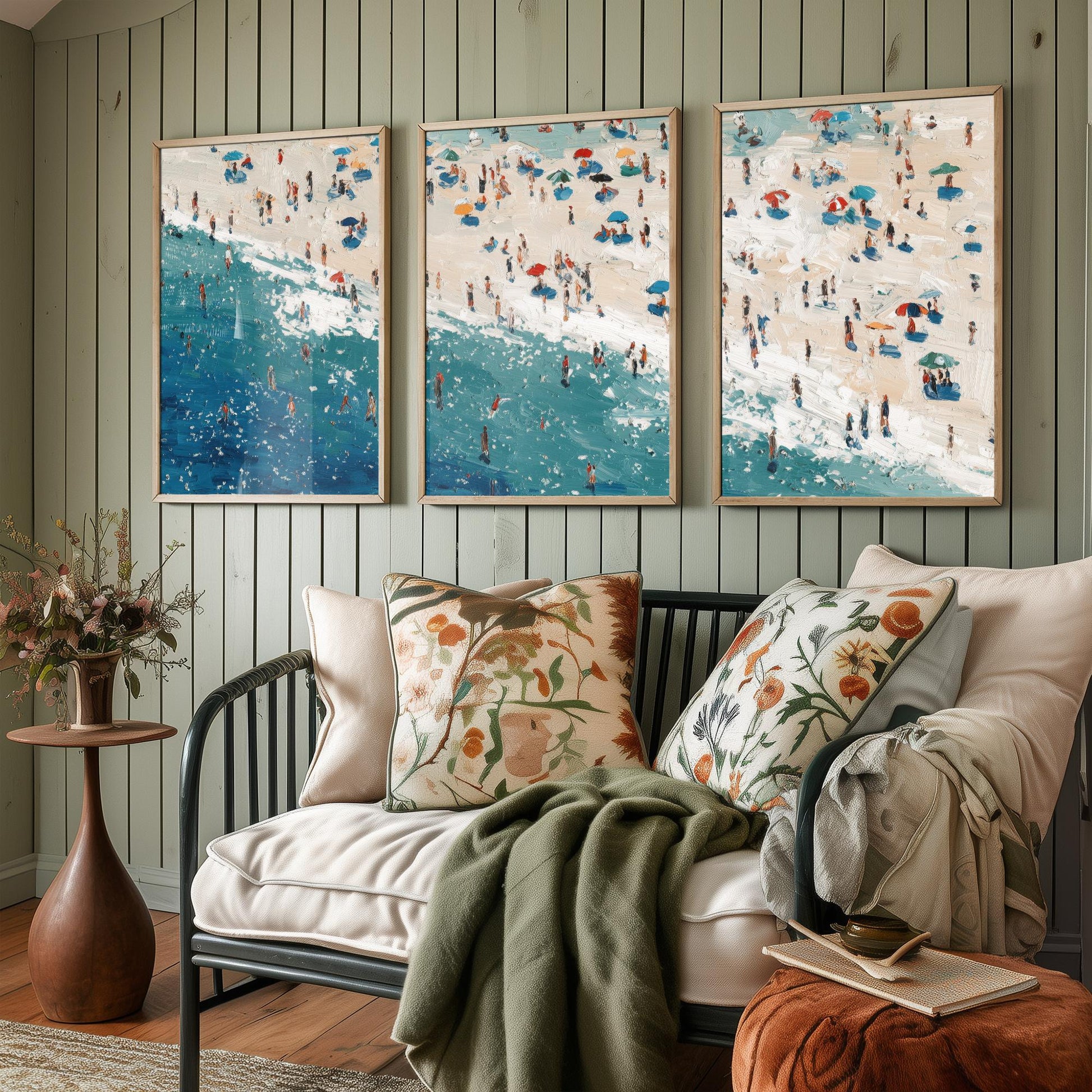 Perranporth Beach Set of Three Prints - Aerial Cornwall Coast Posters - Palette Knife Oil Painting - Cornish Surf Wall Art
