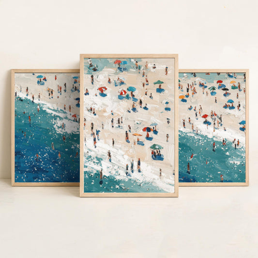 Perranporth Beach Set of Three Prints - Aerial Cornwall Coast Posters - Palette Knife Oil Painting - Cornish Surf Wall Art