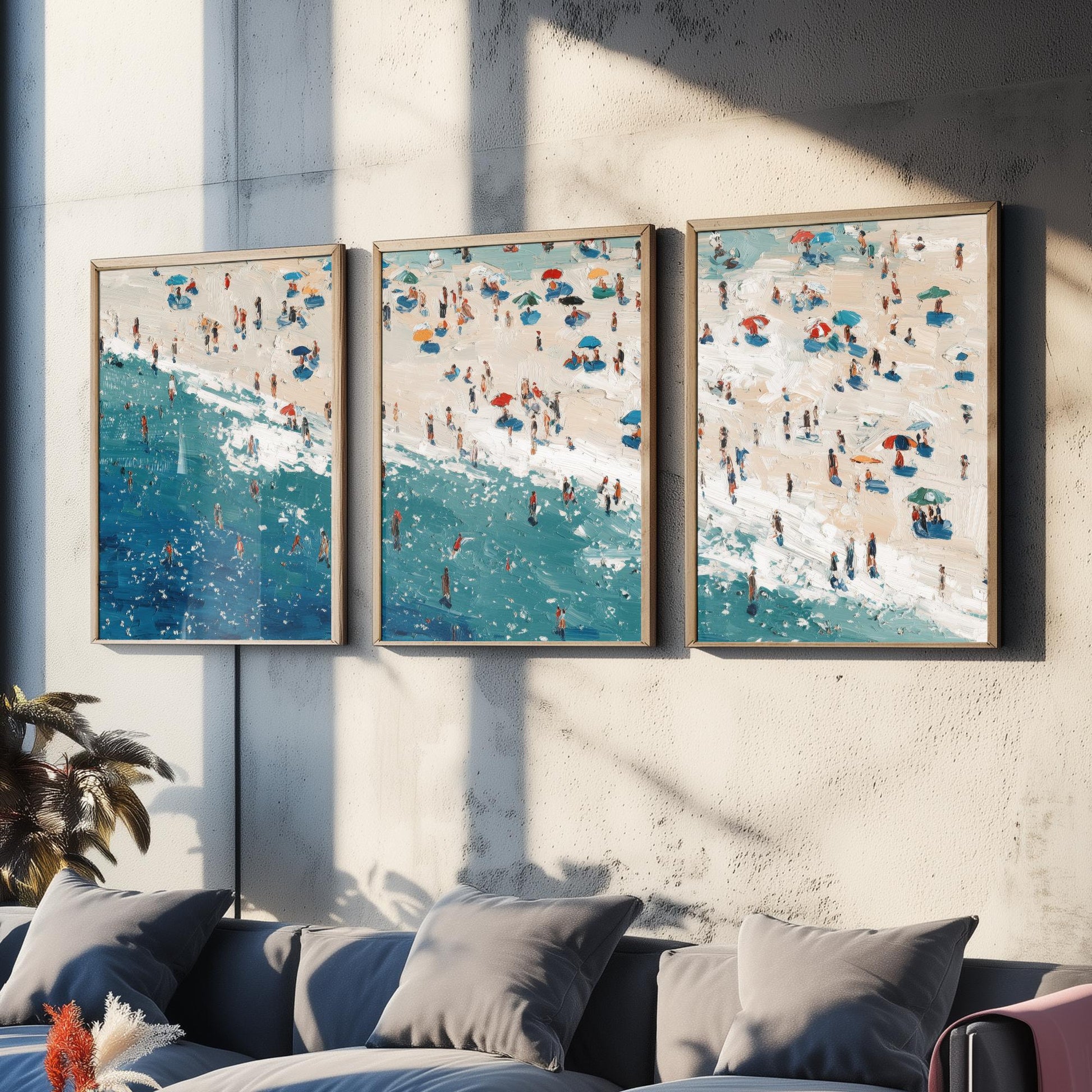 Perranporth Beach Set of Three Prints - Aerial Cornwall Coast Posters - Palette Knife Oil Painting - Cornish Surf Wall Art