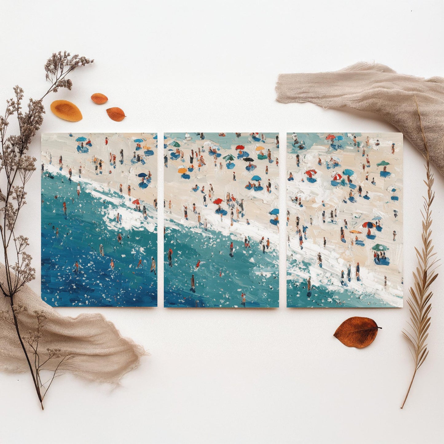 Perranporth Beach Set of Three Prints - Aerial Cornwall Coast Posters - Palette Knife Oil Painting - Cornish Surf Wall Art