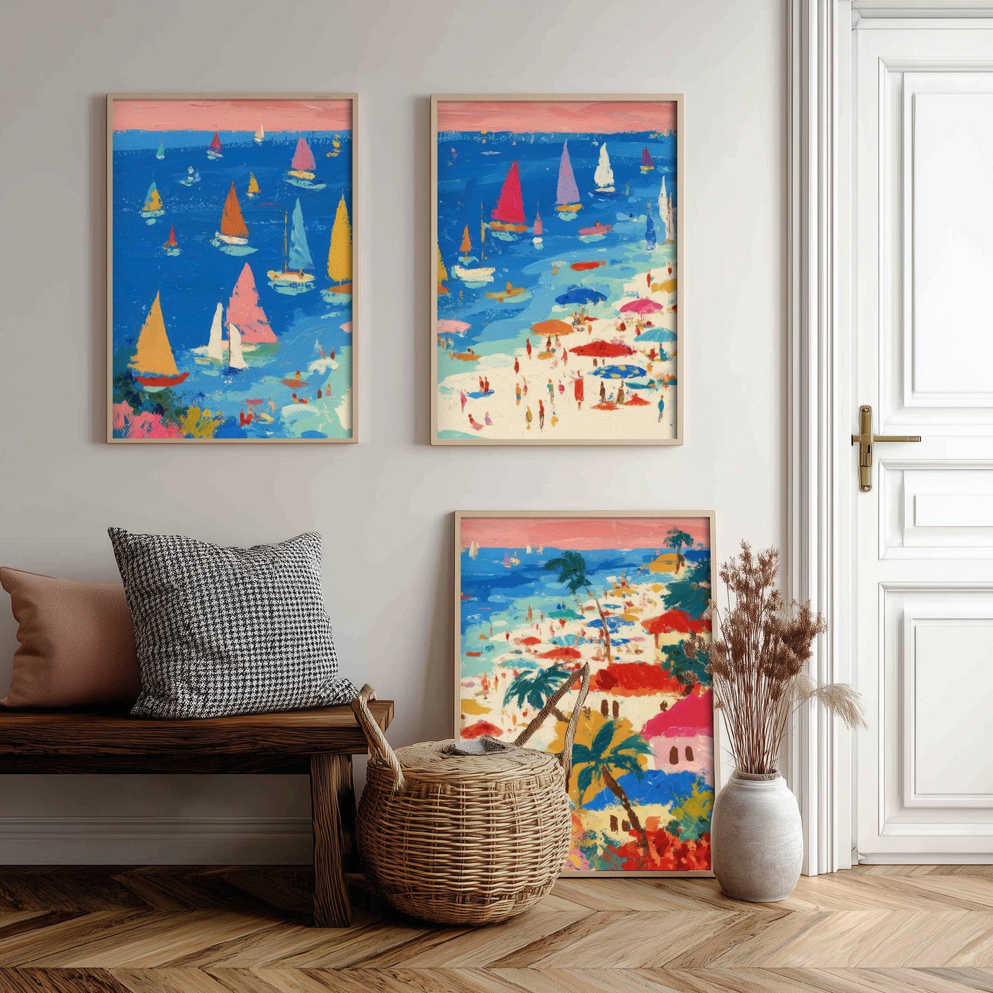Porthminster Beach Set of Three Prints - Aerial St Ives Cornwall Posters - Palette Knife Oil Painting - Sailboats Wall Art