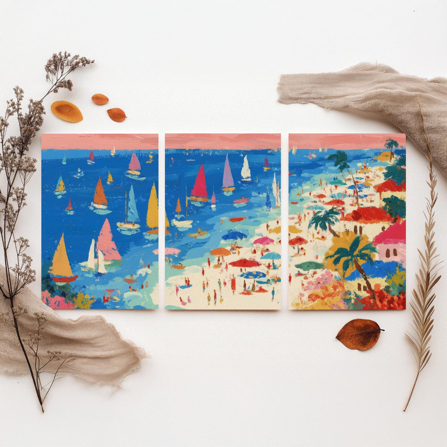 Porthminster Beach Set of Three Prints - Aerial St Ives Cornwall Posters - Palette Knife Oil Painting - Sailboats Wall Art