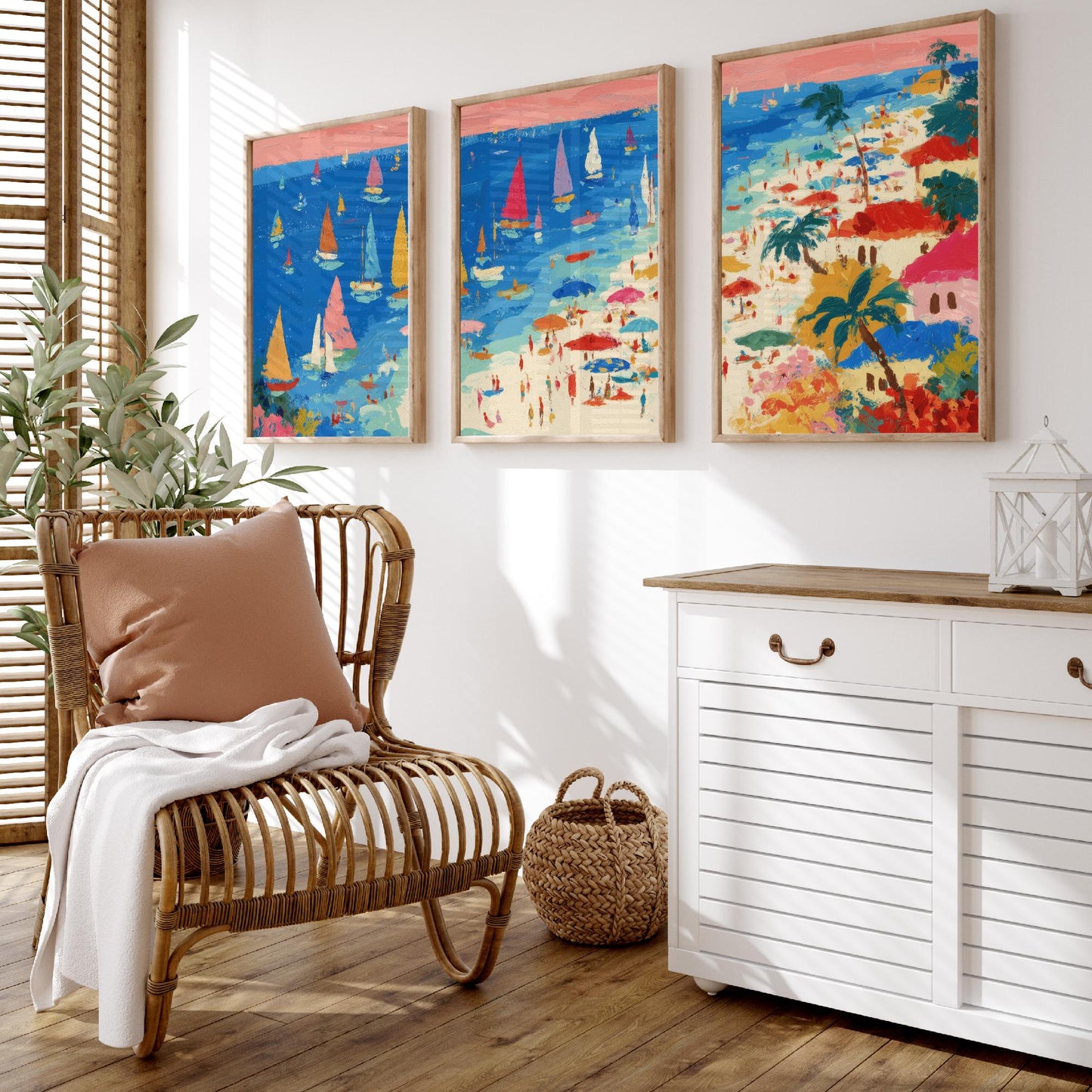 Porthminster Beach Set of Three Prints - Aerial St Ives Cornwall Posters - Palette Knife Oil Painting - Sailboats Wall Art