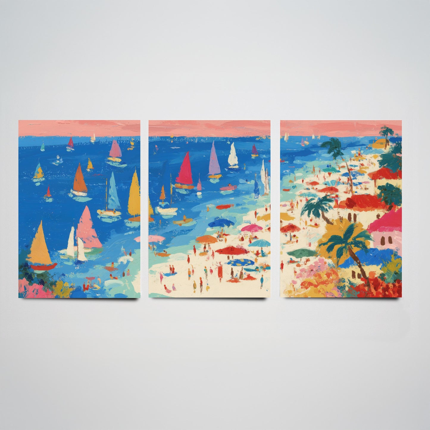 Porthminster Beach Set of Three Prints - Aerial St Ives Cornwall Posters - Palette Knife Oil Painting - Sailboats Wall Art