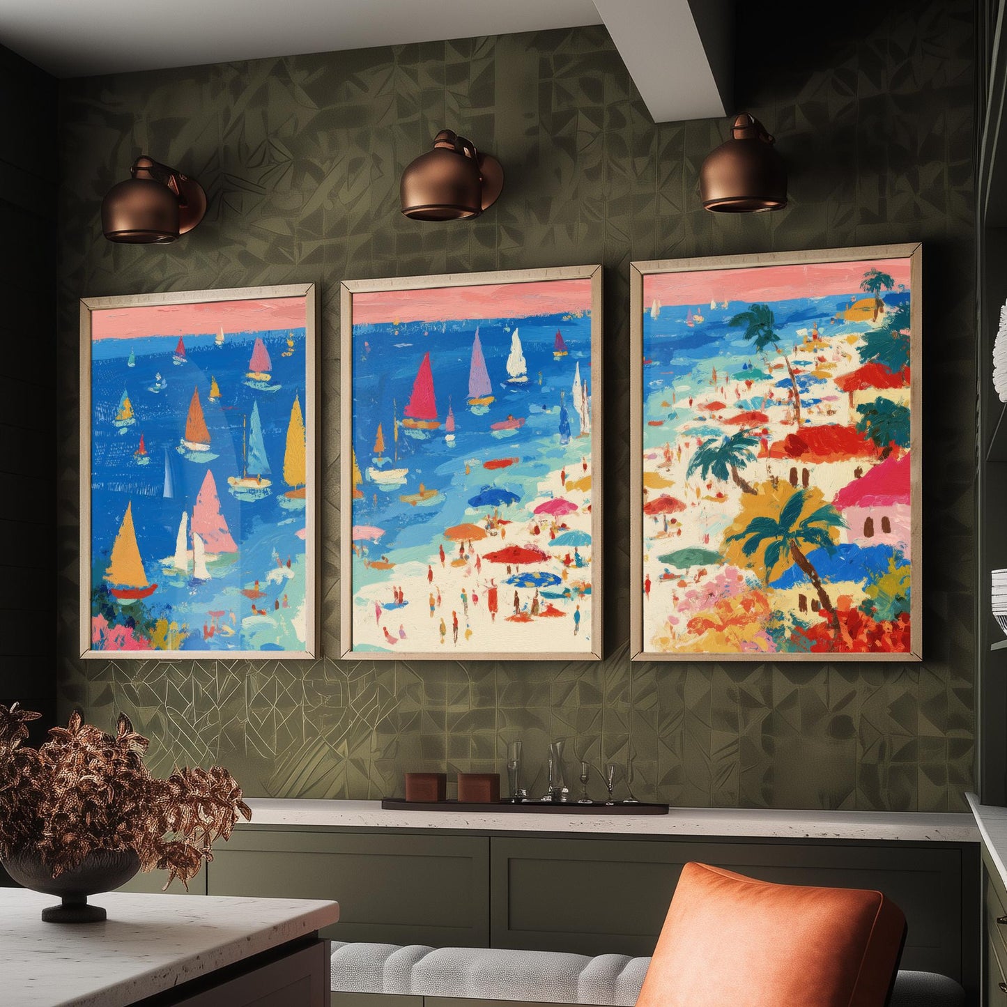 Porthminster Beach Set of Three Prints - Aerial St Ives Cornwall Posters - Palette Knife Oil Painting - Sailboats Wall Art