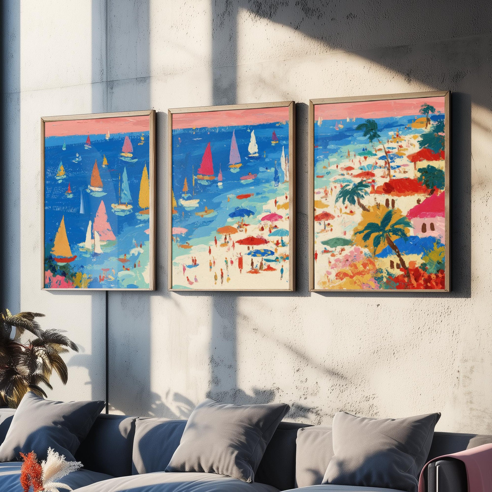 Porthminster Beach Set of Three Prints - Aerial St Ives Cornwall Posters - Palette Knife Oil Painting - Sailboats Wall Art