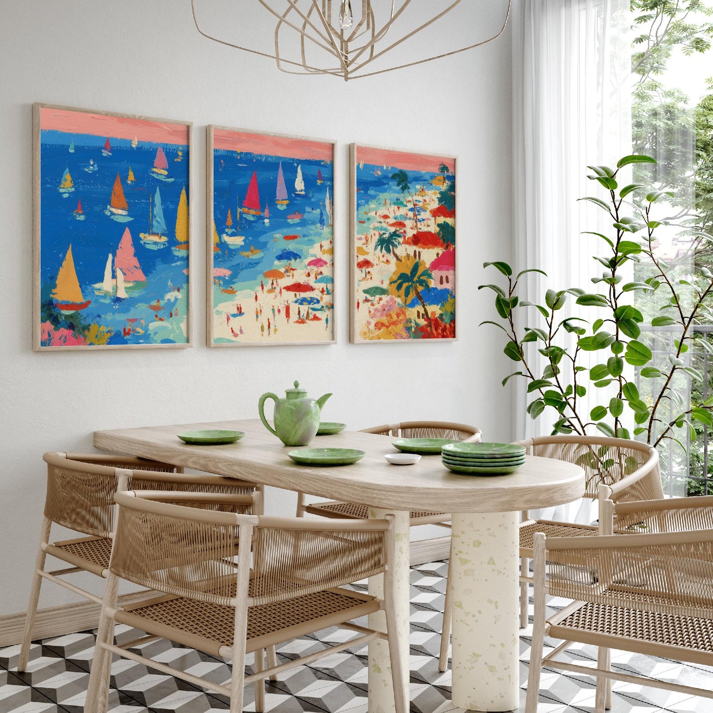 Porthminster Beach Set of Three Prints - Aerial St Ives Cornwall Posters - Palette Knife Oil Painting - Sailboats Wall Art
