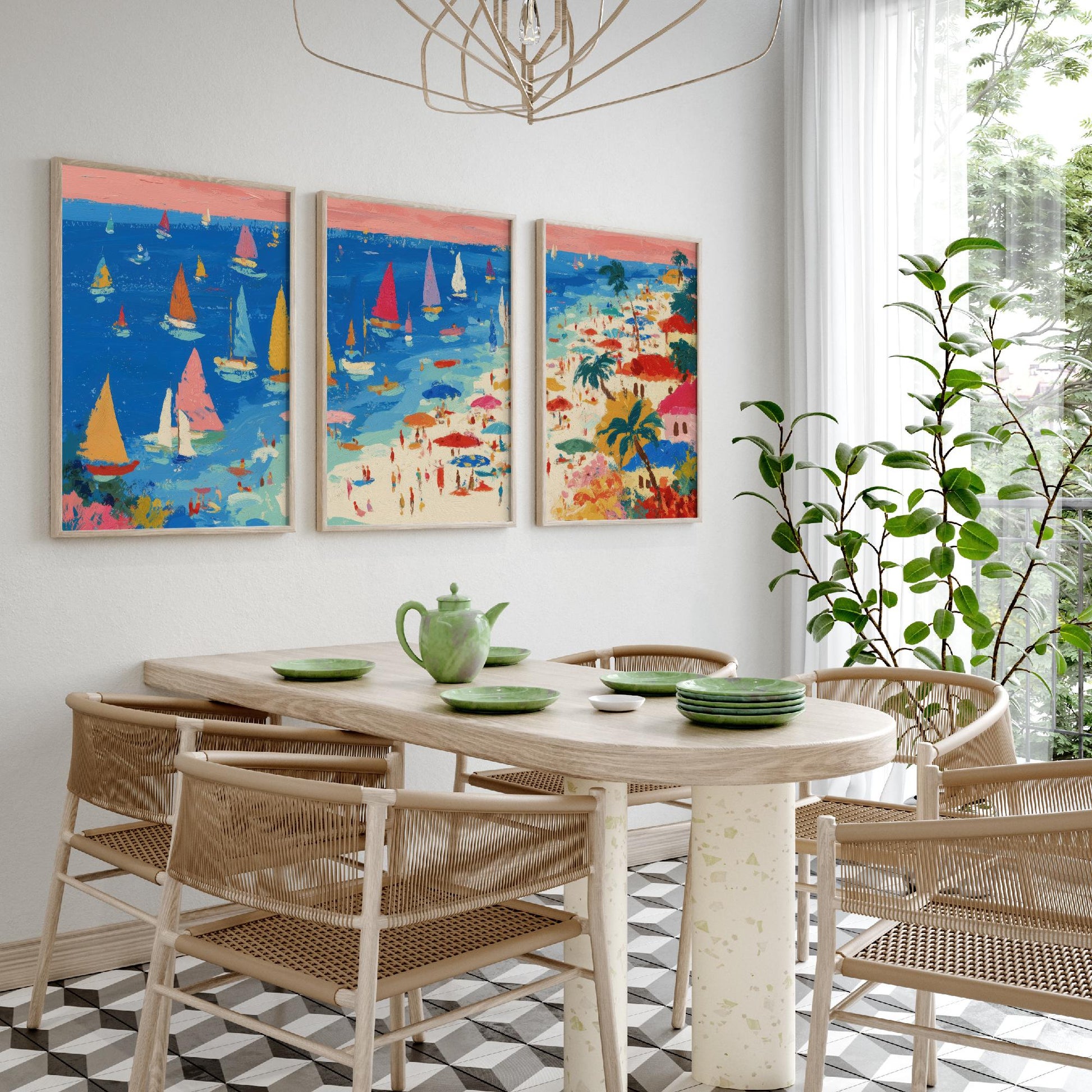 Porthminster Beach Set of Three Prints - Aerial St Ives Cornwall Posters - Palette Knife Oil Painting - Sailboats Wall Art