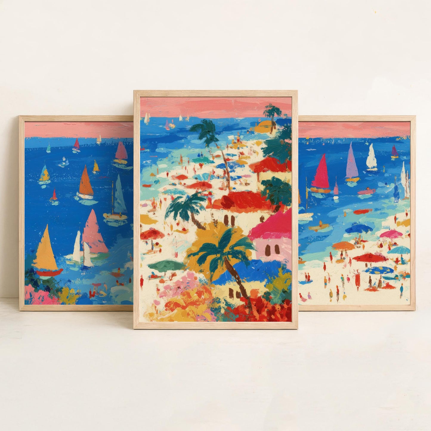 Porthminster Beach Set of Three Prints - Aerial St Ives Cornwall Posters - Palette Knife Oil Painting - Sailboats Wall Art