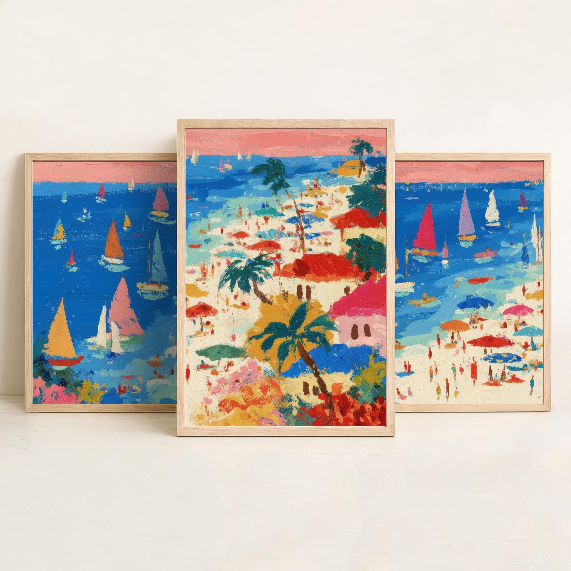 Porthminster Beach Set of Three Prints - Aerial St Ives Cornwall Posters - Palette Knife Oil Painting - Sailboats Wall Art