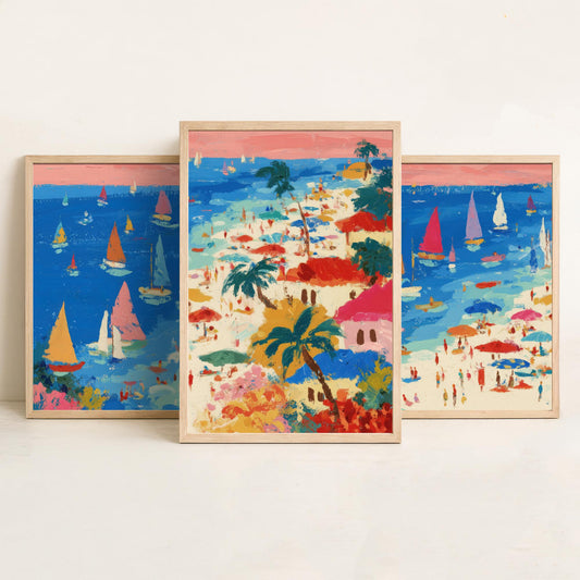 Porthminster Beach Set of Three Prints - Aerial St Ives Cornwall Posters - Palette Knife Oil Painting - Sailboats Wall Art