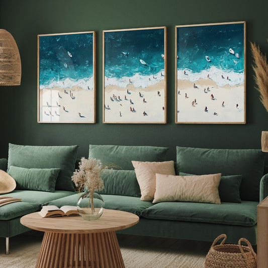 Portobello Beach Set of Three Prints - Aerial Edinburgh Coast Posters - Palette Knife Oil Painting - Scottish Seaside Wall Art