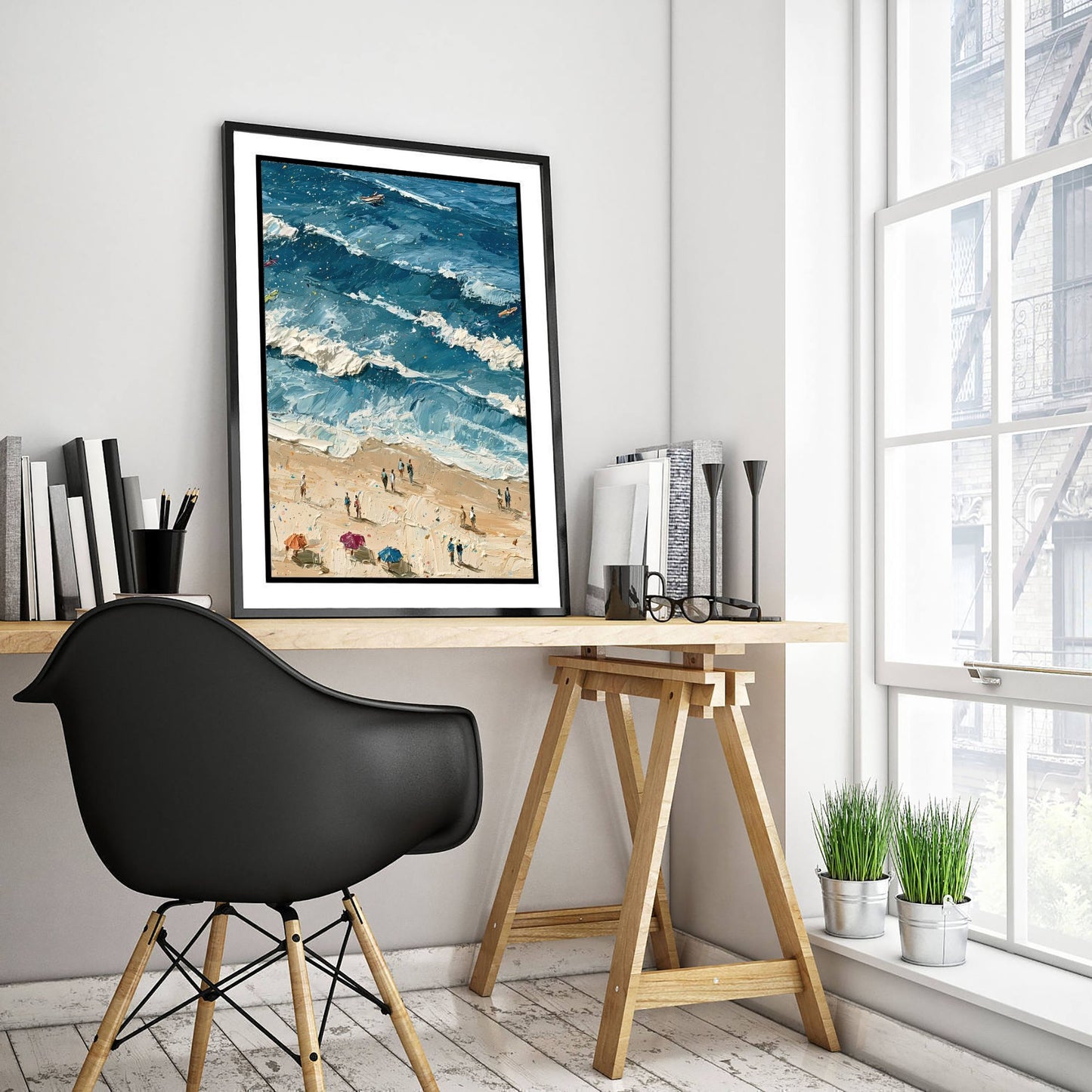 Saunton Sands Travel Poster - Aerial Beach Art Print - Impasto Beach Painting - Devon Panel 2/3