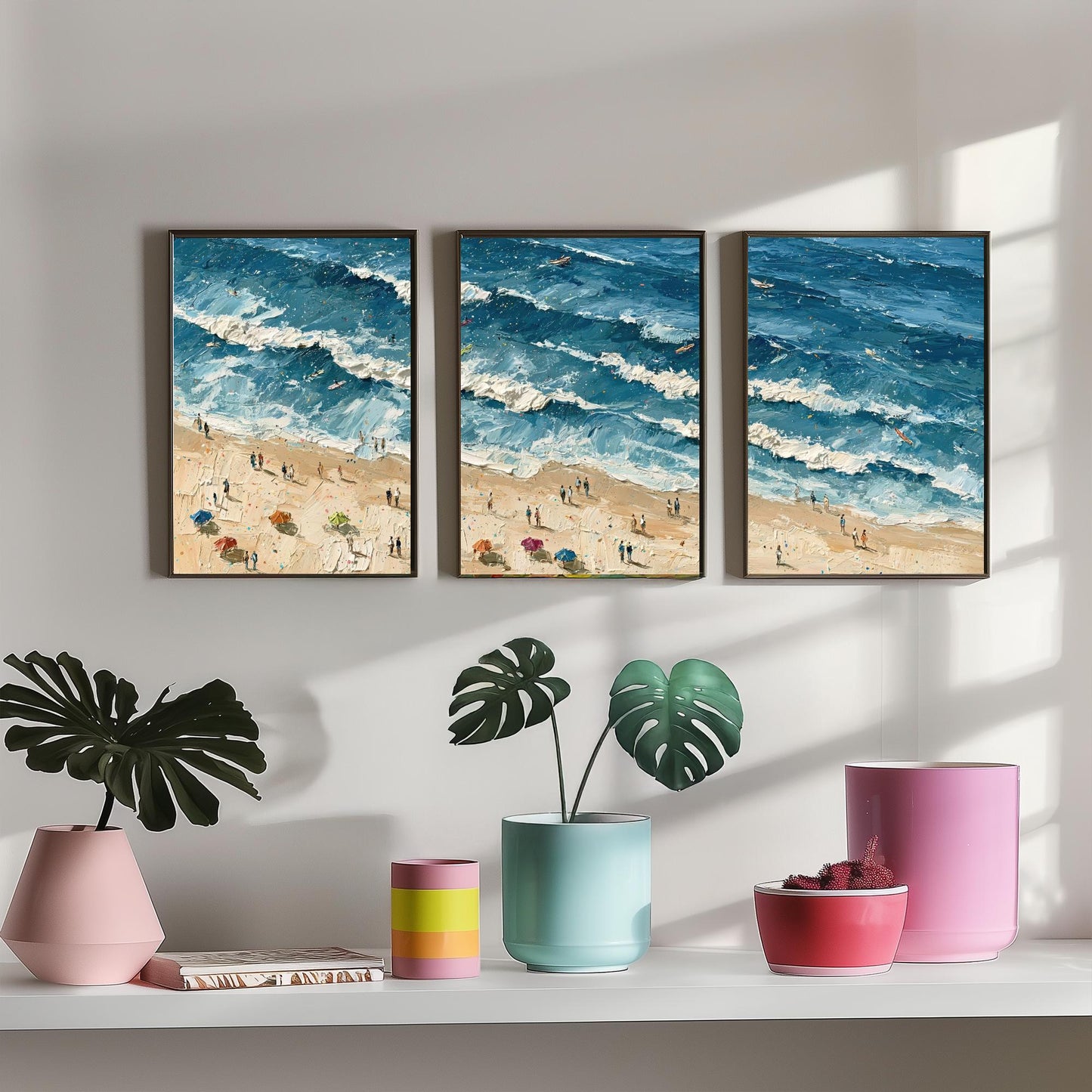 Set of Three Saunton Sands Prints - Aerial Coastal Oil Painting Posters - Colourful Seaside Wall Art - England