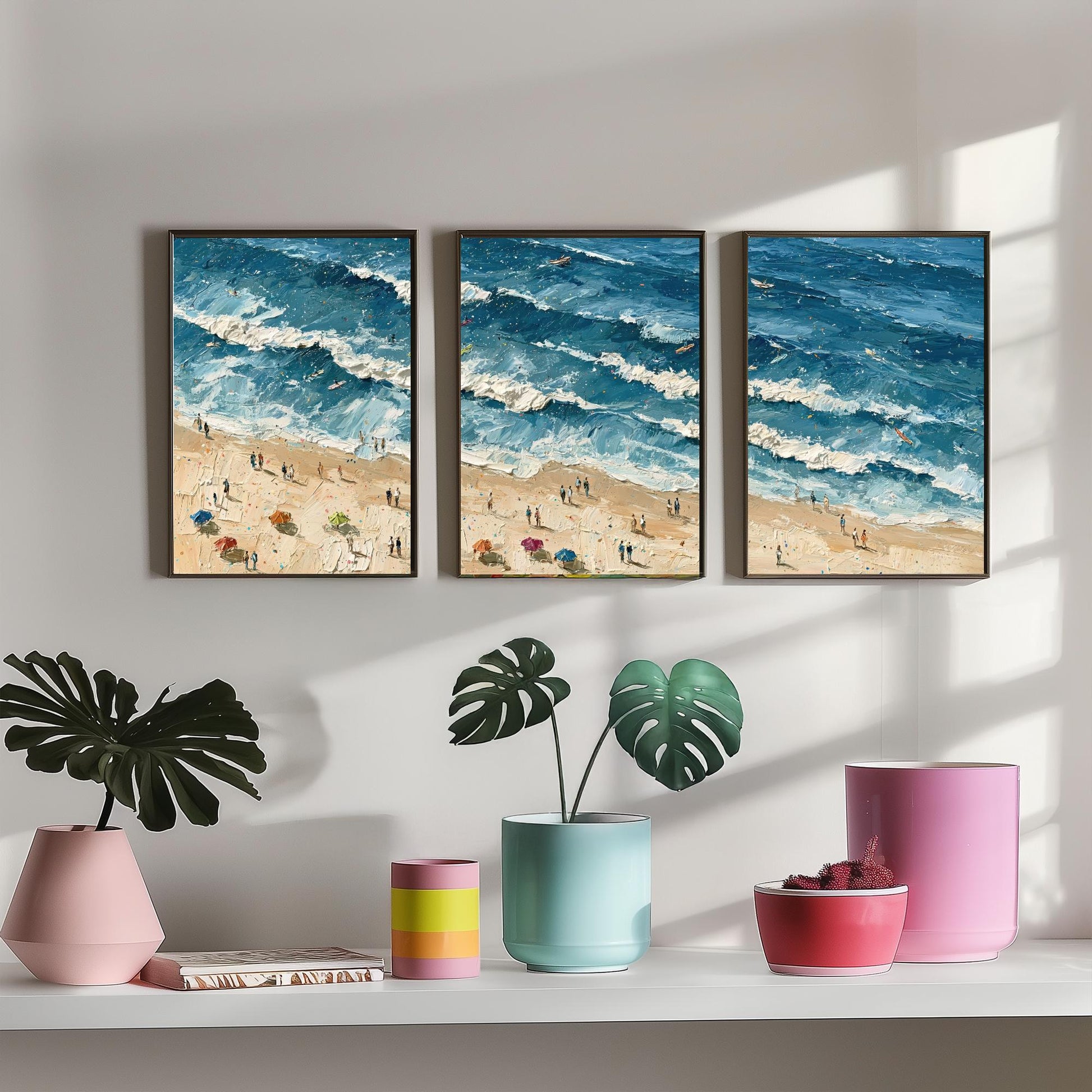 Set of Three Saunton Sands Prints - Aerial Coastal Oil Painting Posters - Colourful Seaside Wall Art - England