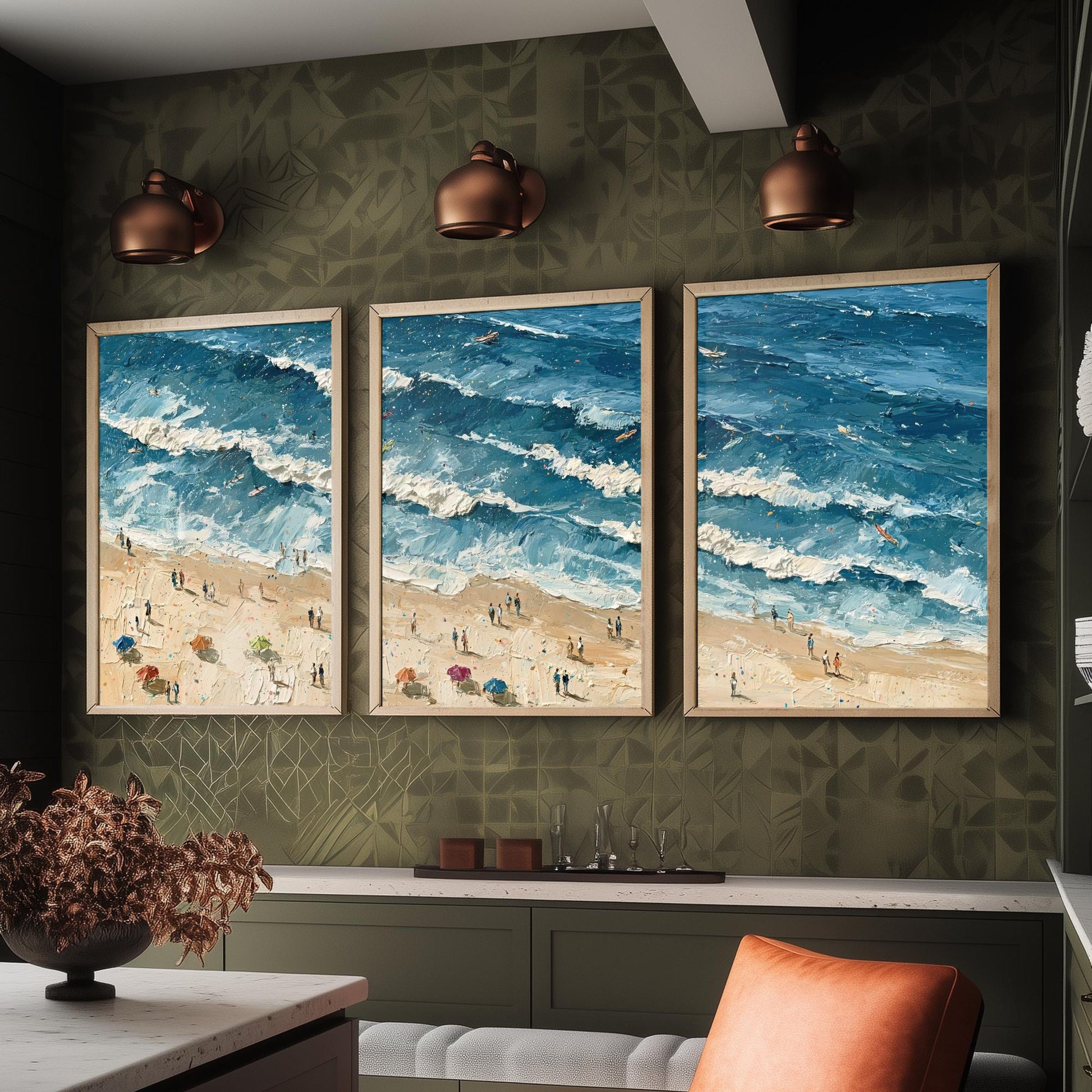 Set of Three Saunton Sands Prints - Aerial Coastal Oil Painting Posters - Colourful Seaside Wall Art - England