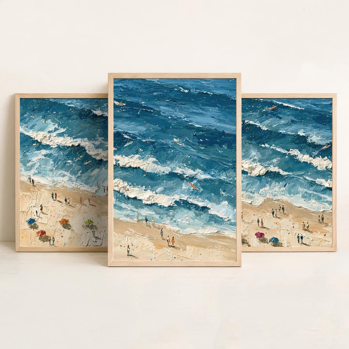Set of Three Saunton Sands Prints - Aerial Coastal Oil Painting Posters - Colourful Seaside Wall Art - England