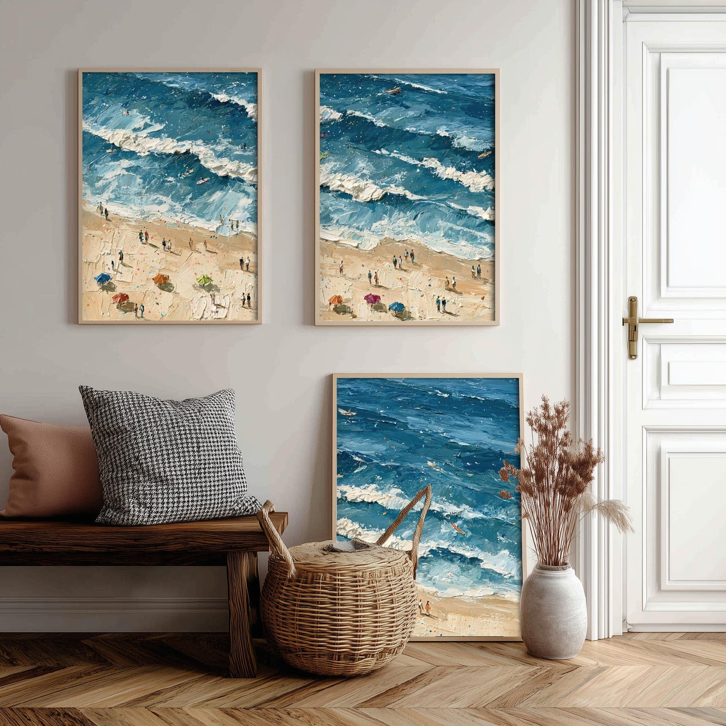 Set of Three Saunton Sands Prints - Aerial Coastal Oil Painting Posters - Colourful Seaside Wall Art - England