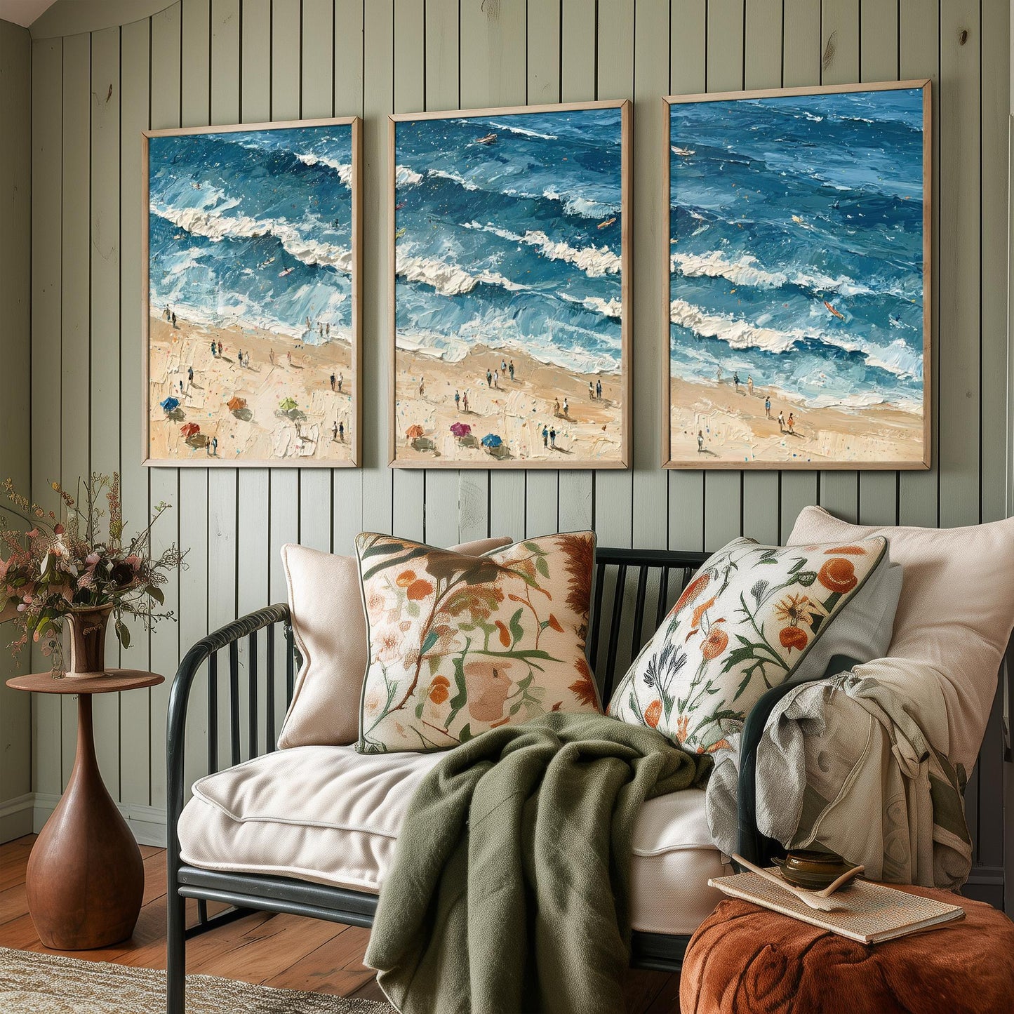 Set of Three Saunton Sands Prints - Aerial Coastal Oil Painting Posters - Colourful Seaside Wall Art - England