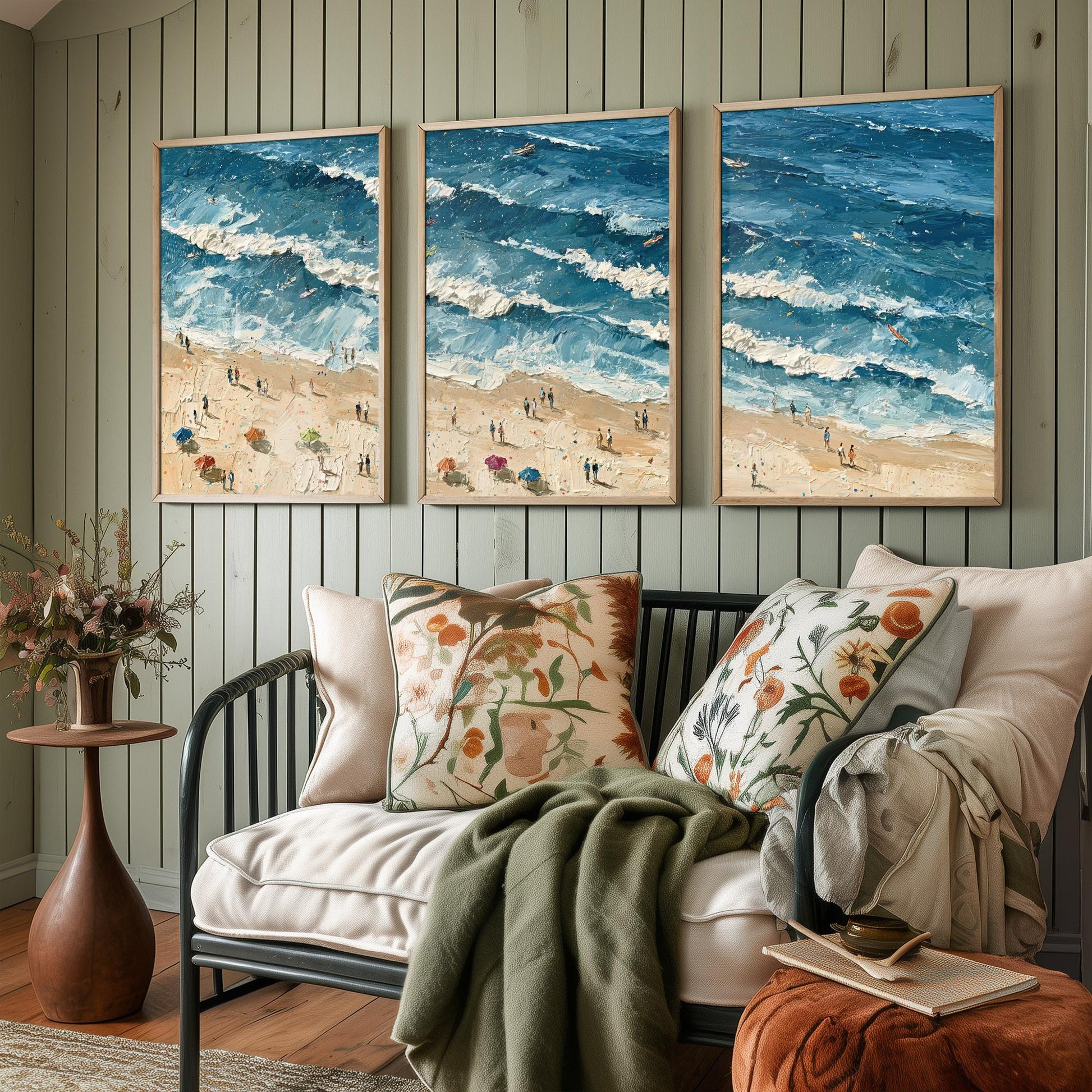 Set of Three Saunton Sands Prints - Aerial Coastal Oil Painting Posters - Colourful Seaside Wall Art - England