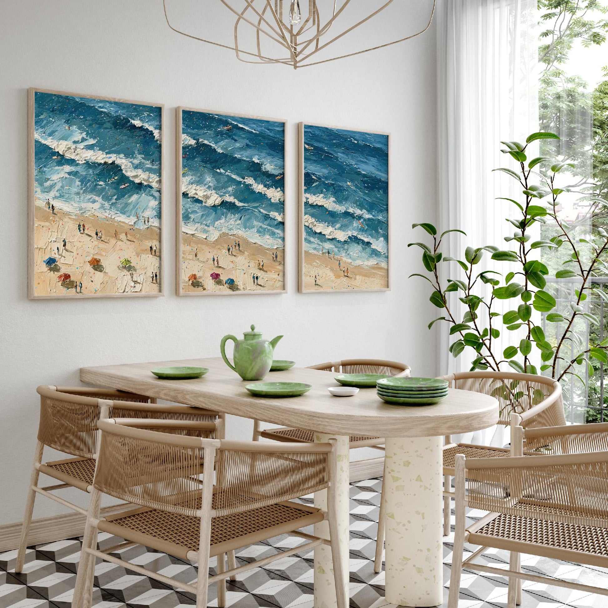 Set of Three Saunton Sands Prints - Aerial Coastal Oil Painting Posters - Colourful Seaside Wall Art - England